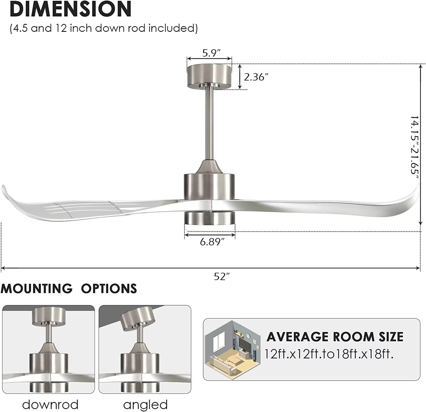 Indoor Outdoor 52" DC Ceiling Fan with Light Remote Brushed Nickel Finish