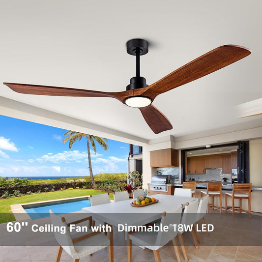 60" Dimmable Ceiling Fans with Lights Remote Control(FCC) Quiet Operation DC Motor Modern Wood Blade Ceiling Fan for Living Room Bedroom Farmhouse Patio Indoor and Outdoor Dark Walnut