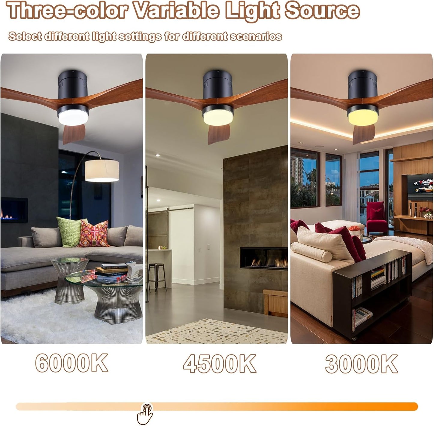 48" Recessed Ceiling Fan with Lights and Remote Control, Indoor Outdoor Wooden Ceiling Fan with 3 Wooden Blades for Patio, Living Room, Bedroom, Hallway