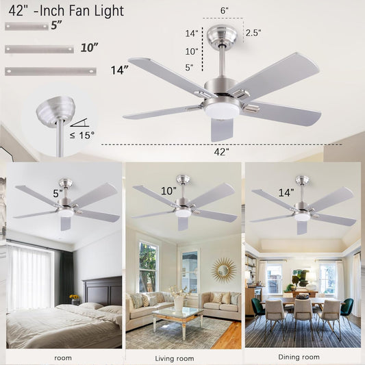 42" Ceiling Fans with Light and Remote,Farmhouse 5 Blades Quiet Reversible DC Motor Ceiling Fan for Modern Indoor/Outdoor/Patio/Living Room/Bedroom(Silver/burlywood)