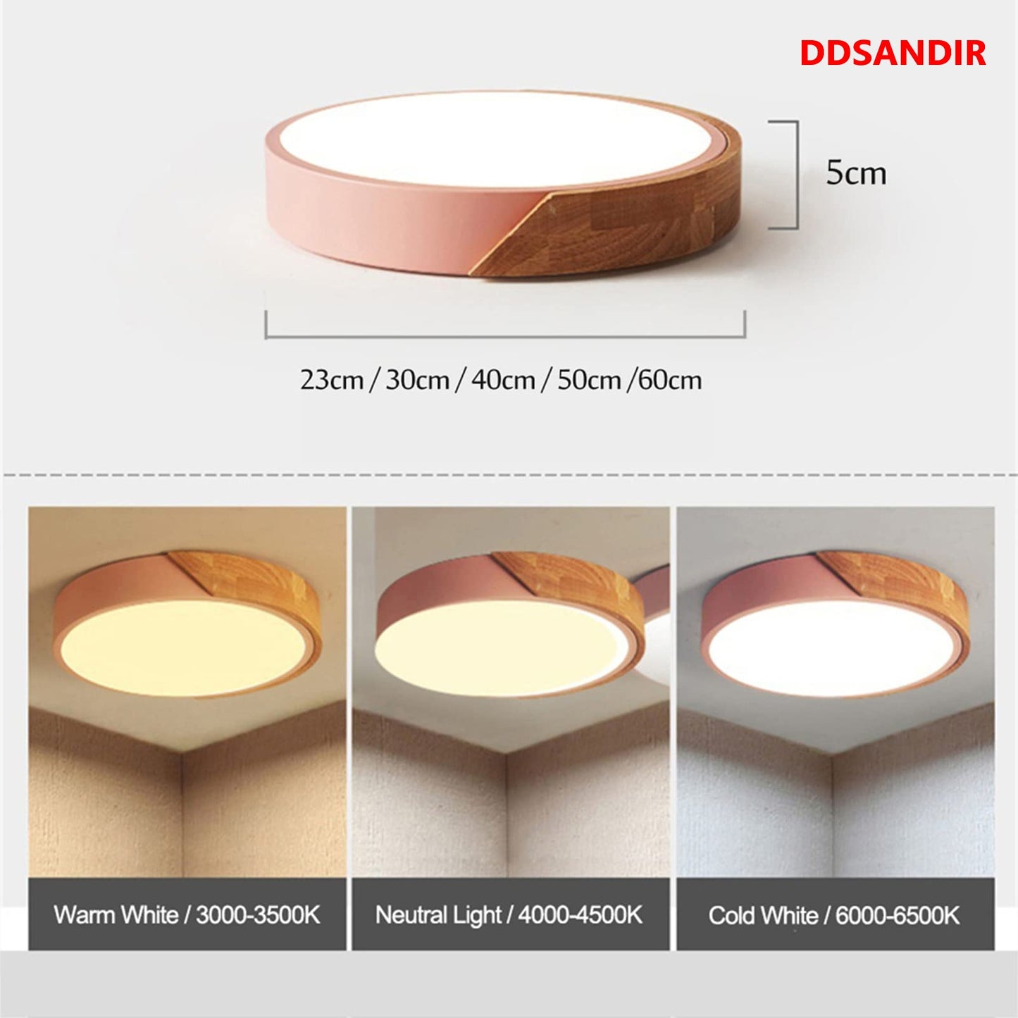 DDSANDIR 3000K / 4000K / 6500K Circular LED Flat Top Chandelier Modern 36W Wooden Chandelier 19"LED Lamps for Bedroom Living