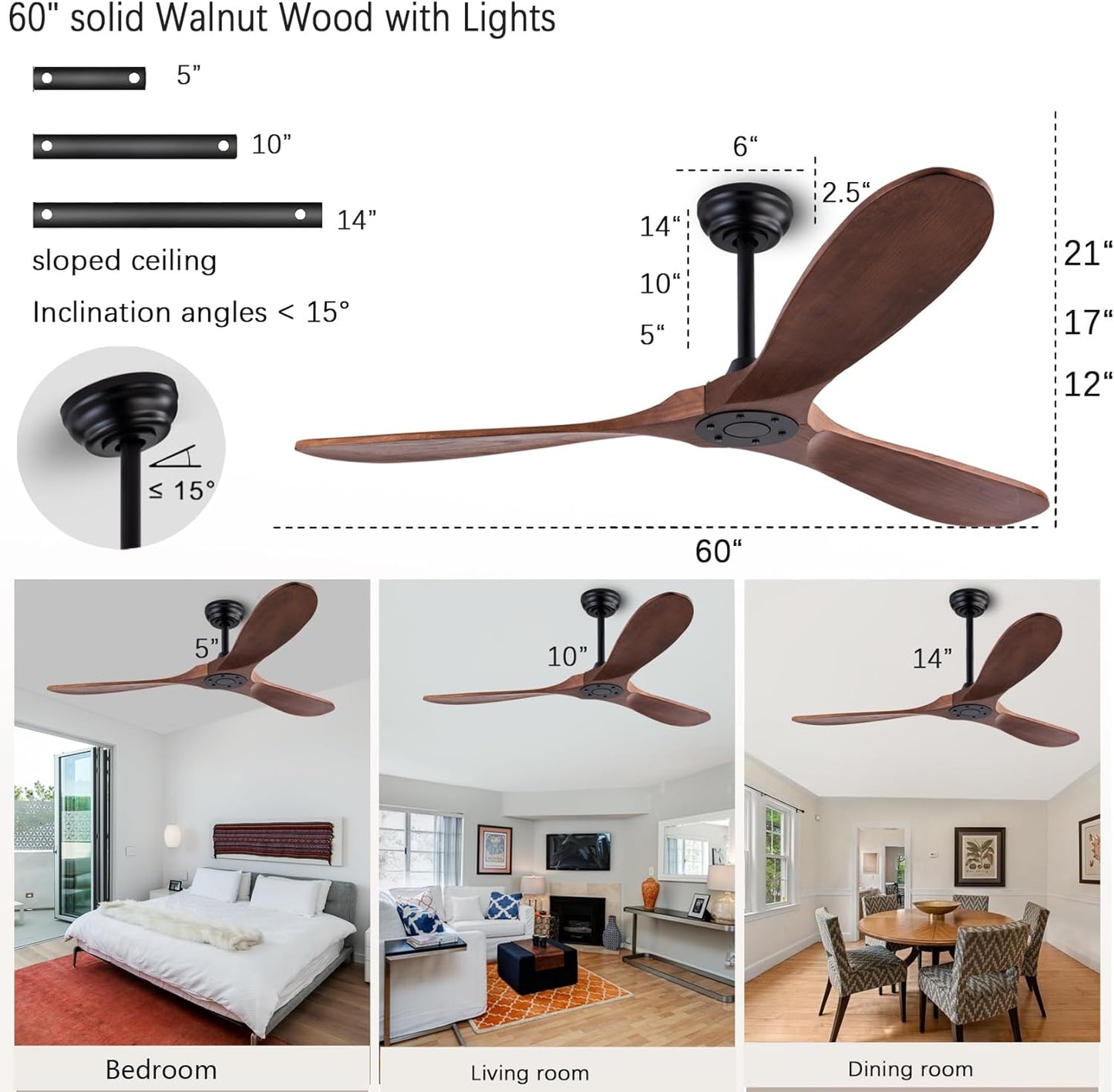 60" Wood Ceiling Fan No Lights with Remote Control