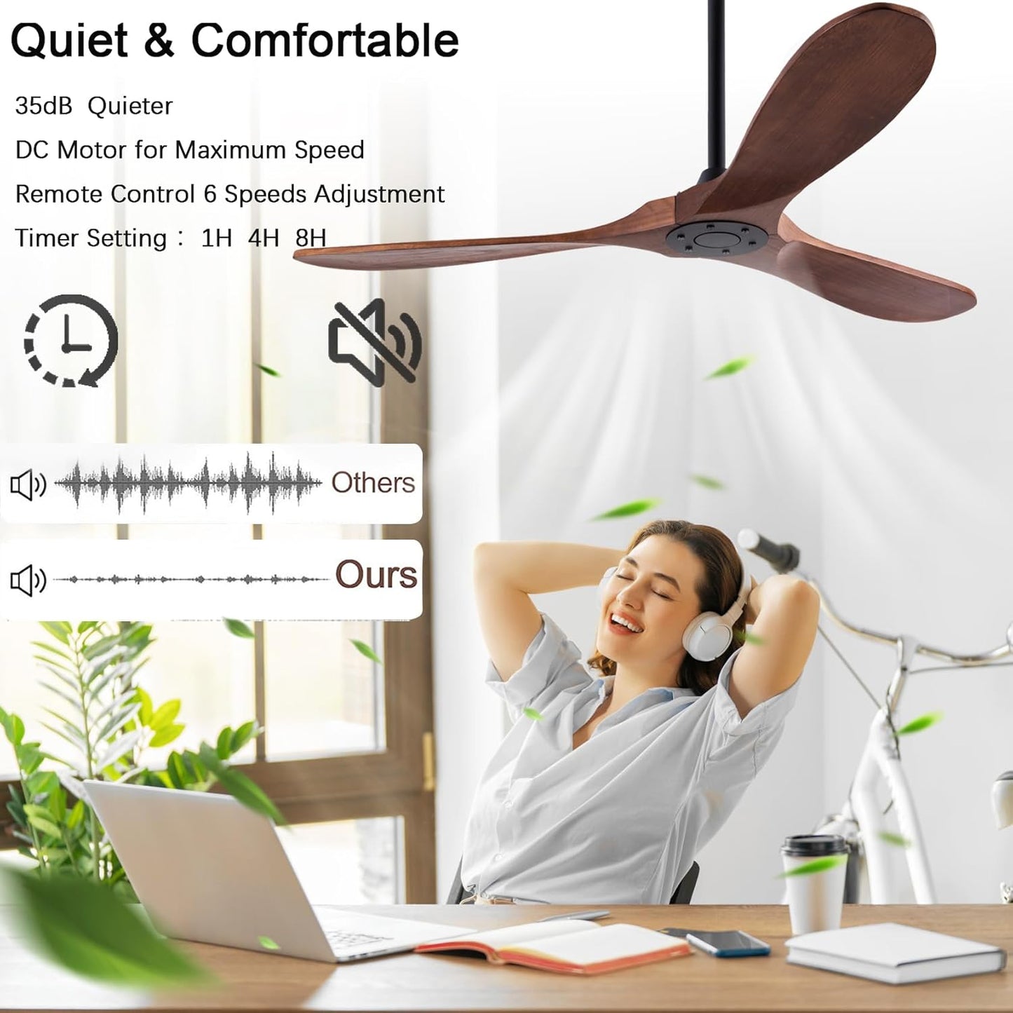 60" Wood Ceiling Fan No Lights with Remote Control