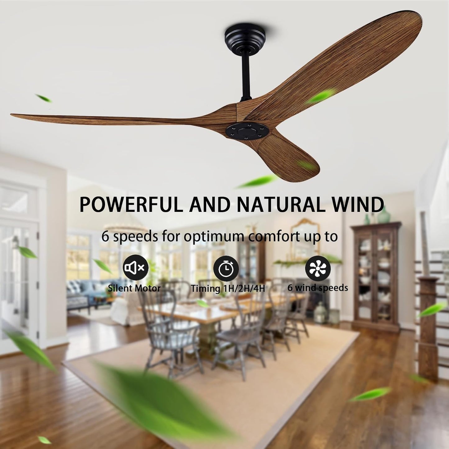 60" Ceiling Fan with Remote Control No Lights,Modern Reversible DC Motor Indoor Outdoor 3 Blades Ceiling Fans for Patio Bedroom Living Room(Black+Dark Walnut)