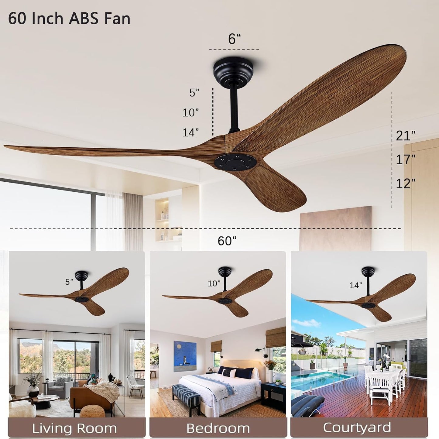 60" Ceiling Fan with Remote Control No Lights,Modern Reversible DC Motor Indoor Outdoor 3 Blades Ceiling Fans for Patio Bedroom Living Room(Black+Dark Walnut)