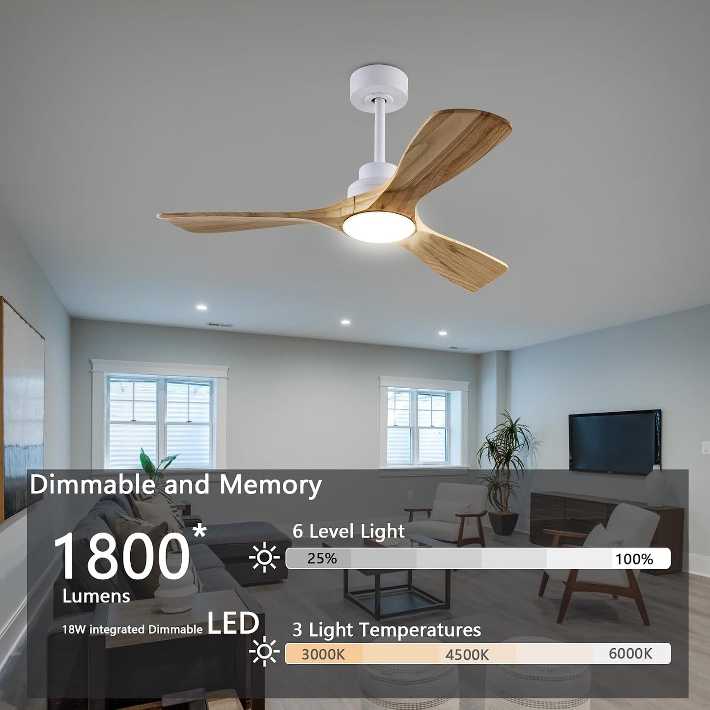 Ceiling Fan with Lights, 42'' Wood Ceiling Fan with Remote Control, Automatic Memory and Dimmable 3 Color Light / 6-Speed/Timing/Reversible. Bedroom ceilig Fan,Qiuet DC Motor,Black+Dark Wood