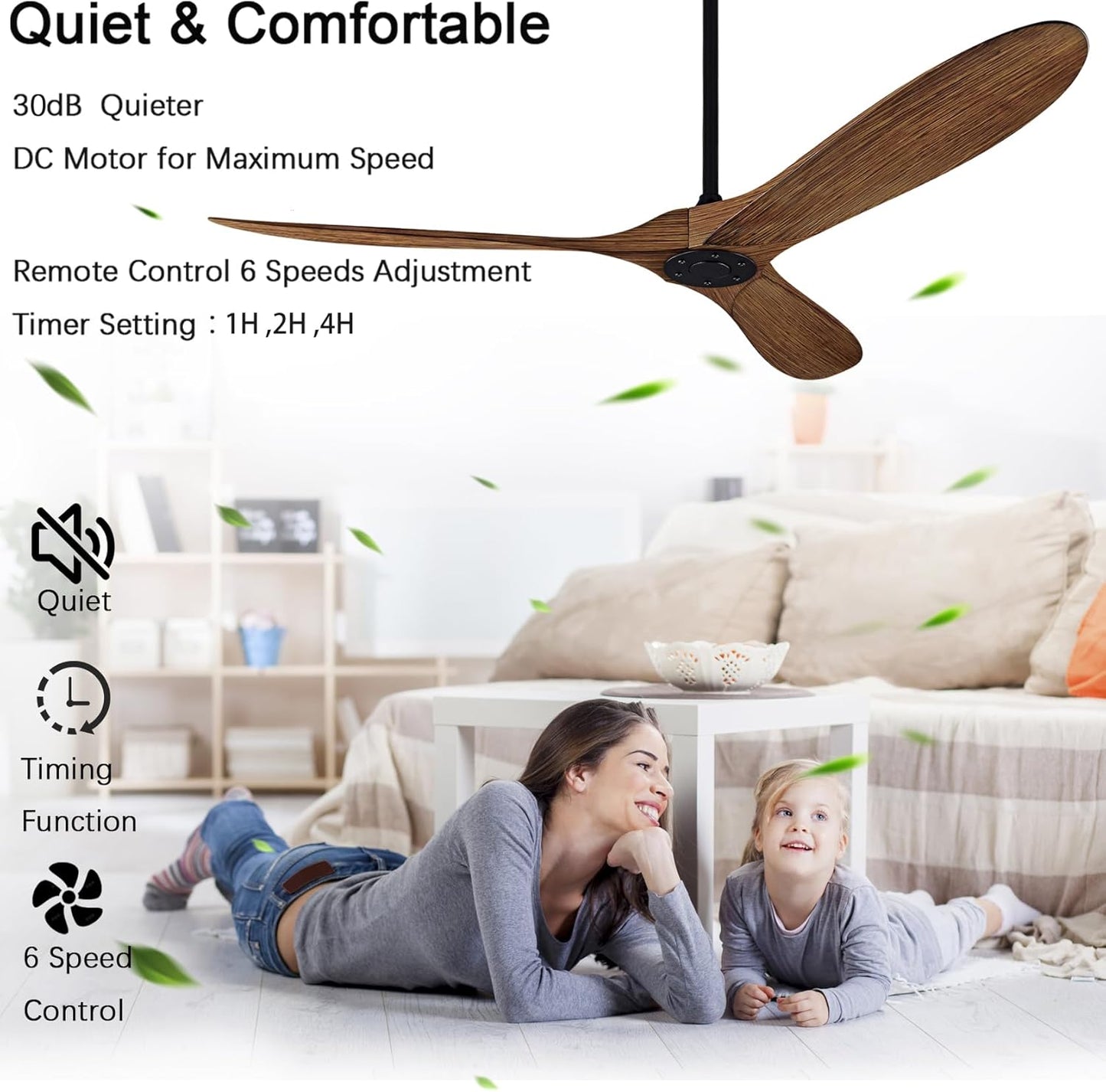 60" Ceiling Fan with Remote Control No Lights,Modern Reversible DC Motor Indoor Outdoor 3 Blades Ceiling Fans for Patio Bedroom Living Room(Black+Dark Walnut)