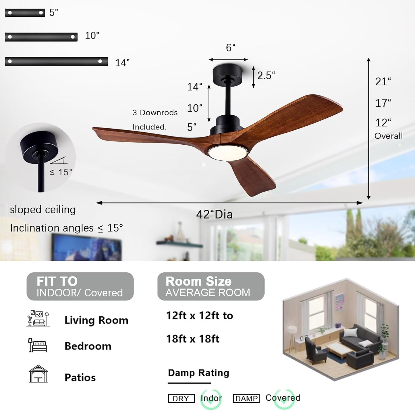 Ceiling Fans with Lights 42'' Wood Ceiling Fan with Remote Control for Auto-Memory Settings Modern Ceiling Fan for Indoor Bedroom Living Room Dimmable Qiuet DC Motor Black+Dark Walnut