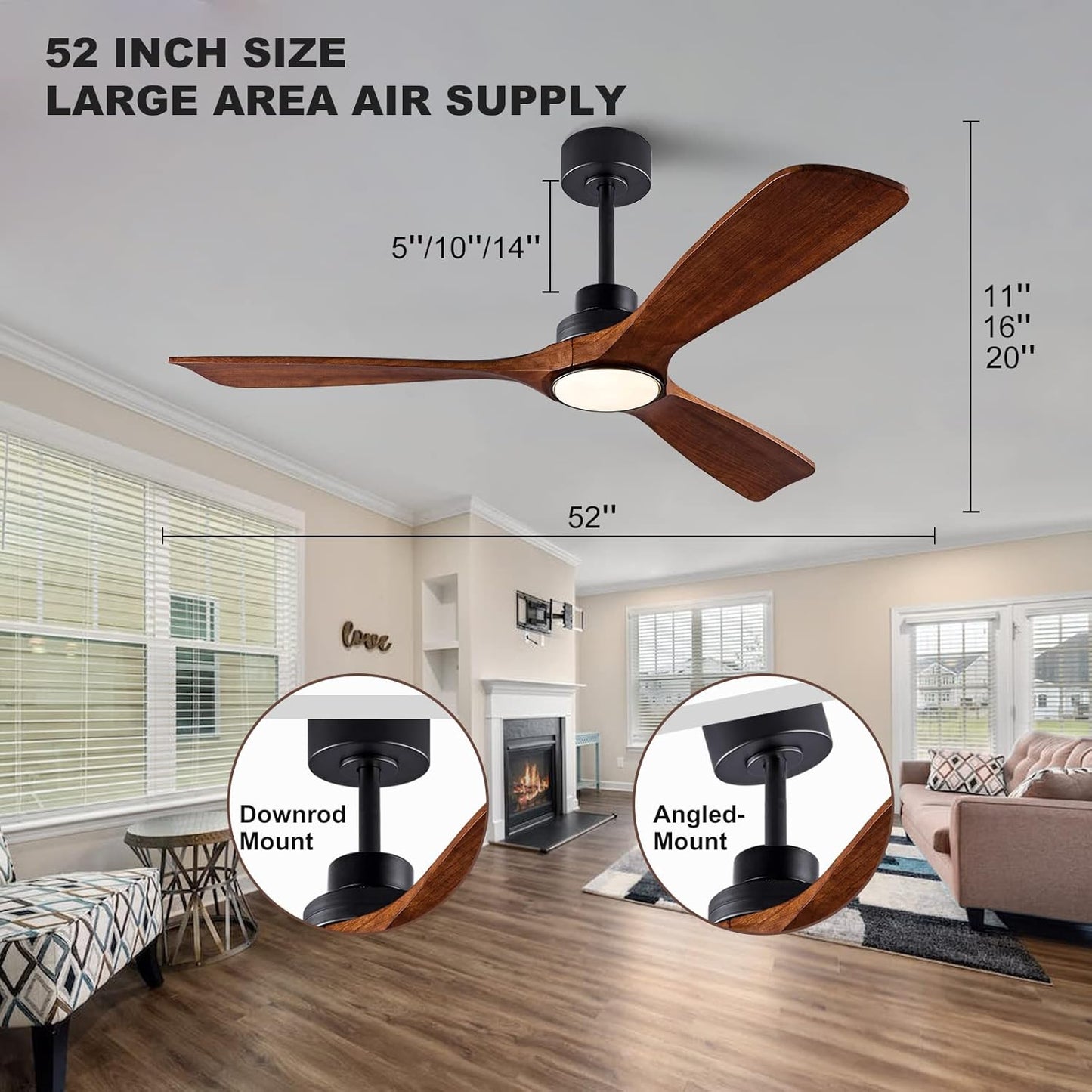 52" Wood Ceiling Fan with Lights Remote Control