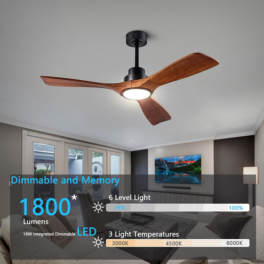 Ceiling Fans with Lights 42'' Wood Ceiling Fan with Remote Control for Auto-Memory Settings Modern Ceiling Fan for Indoor Bedroom Living Room Dimmable Qiuet DC Motor Black+Dark Walnut