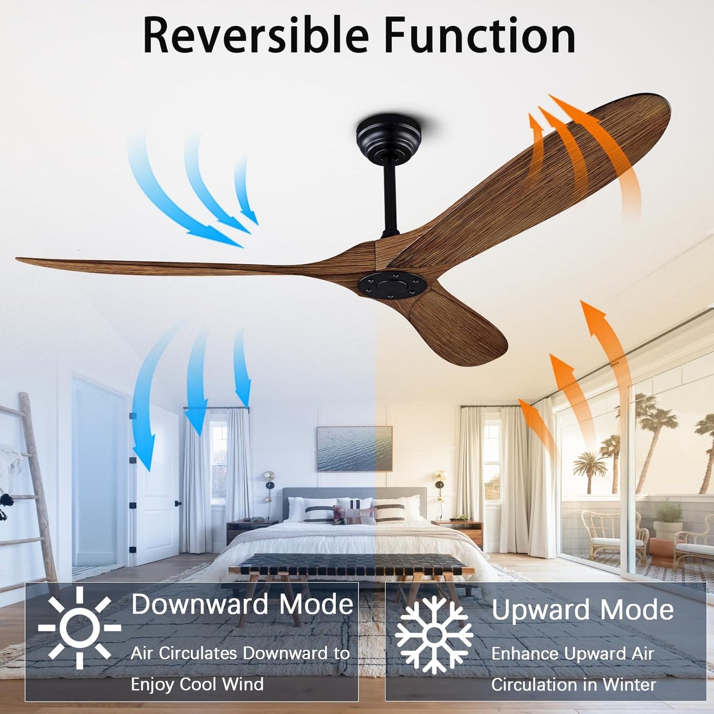60" Ceiling Fan with Remote Control No Lights,Modern Reversible DC Motor Indoor Outdoor 3 Blades Ceiling Fans for Patio Bedroom Living Room(Black+Dark Walnut)