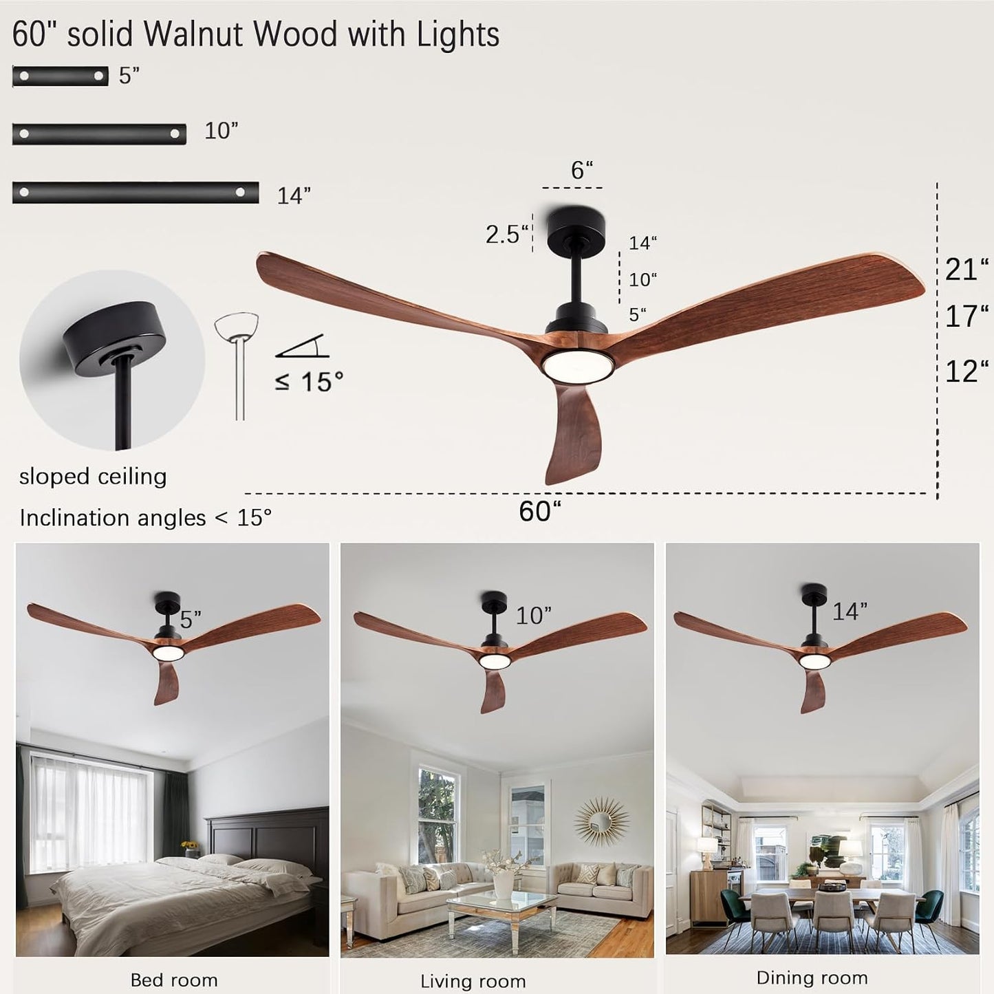 60 Inch Ceiling Fans with Lights and Remote FCC Dimmable Light Memory Quiet DC Motor Outdoor Indoor 3 Blades Wooden Ceiling Fan for Living Room Bedroom Patio Farmhouse Kitchen Black Walnut