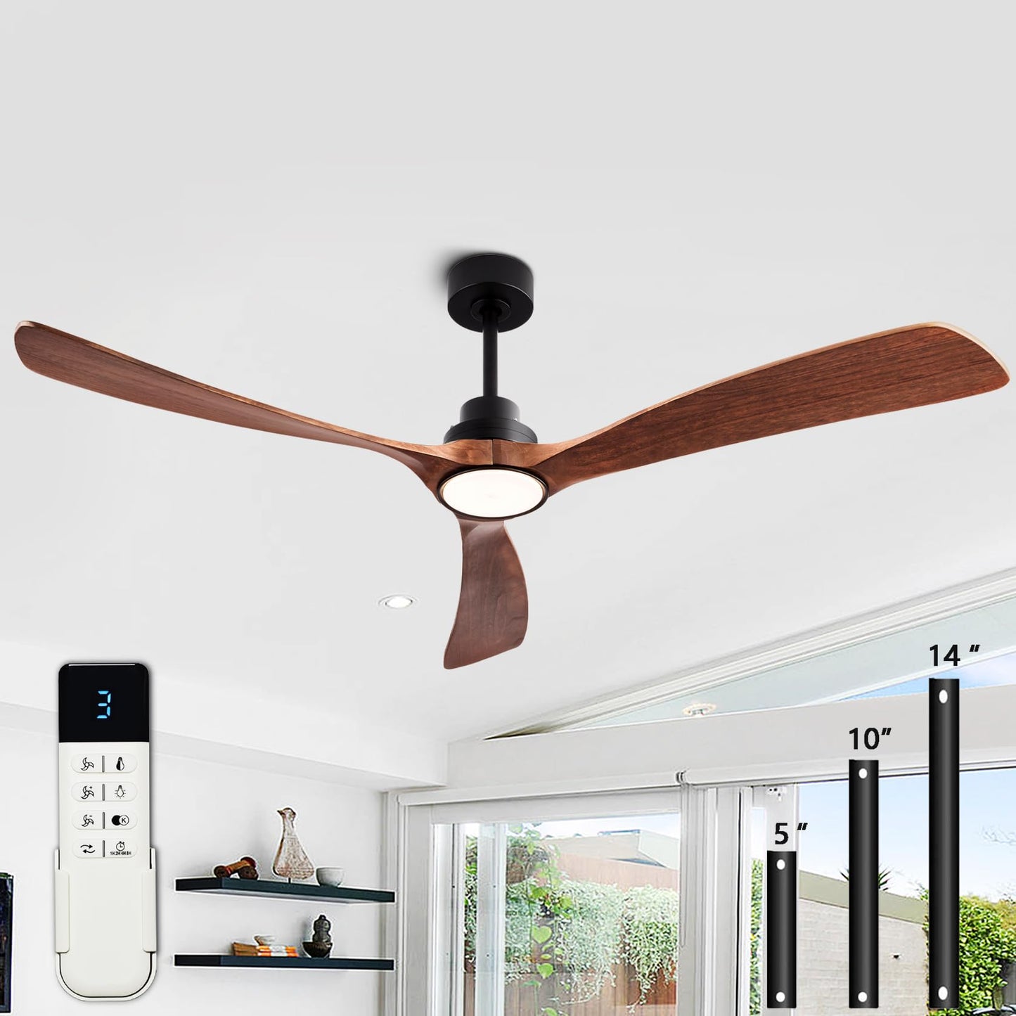 52 Inch Wood Ceiling Fans with Lights and Remote Control Indoor Memory Dimmable Light 3 Blades Noiseless Reversible ETL Motor Ceiling Fan for Bedroom Living Room Patios Farmhouse Black Walnut