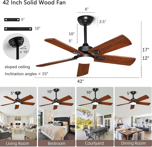 42" Lighted Ceiling Fan, Solid Wood Ceiling Fan, with Remote Control and DC Motor, 5 Blades, Suitable for Living Rooms, Bedrooms, Farmhouses, Hallways, Indoor and Outdoor Ceiling Fans - Black + Walnut