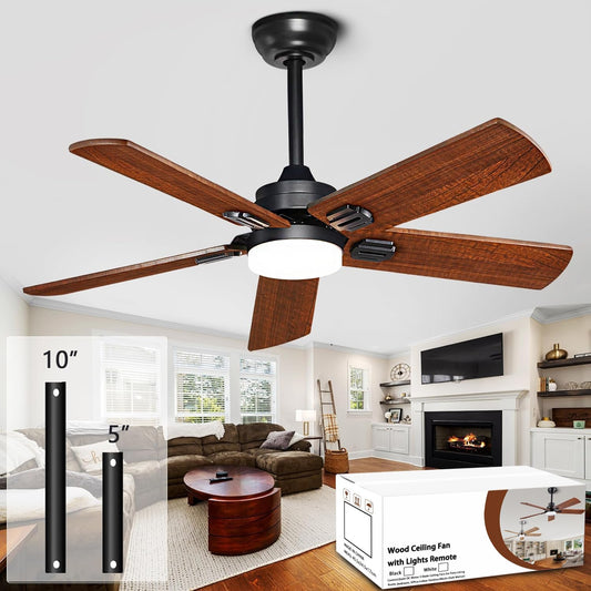 42" Lighted Ceiling Fan, Solid Wood Ceiling Fan, with Remote Control and DC Motor, 5 Blades, Suitable for Living Rooms, Bedrooms, Farmhouses, Hallways, Indoor and Outdoor Ceiling Fans - Black + Walnut