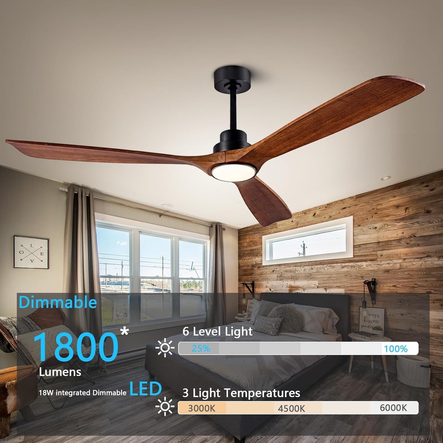 60" Dimmable Ceiling Fans with Lights Remote Control(FCC) Quiet Operation DC Motor Modern Wood Blade Ceiling Fan for Living Room Bedroom Farmhouse Patio Indoor and Outdoor Dark Walnut