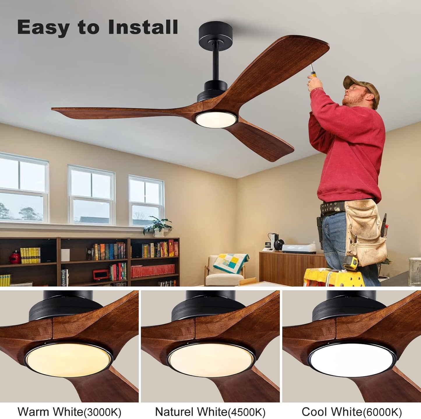 52" Wood Ceiling Fan with Lights Remote Control