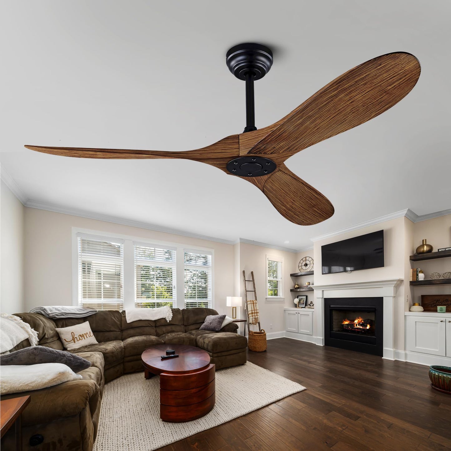 60" Ceiling Fan with Remote Control No Lights,Modern Reversible DC Motor Indoor Outdoor 3 Blades Ceiling Fans for Patio Bedroom Living Room(Black+Dark Walnut)