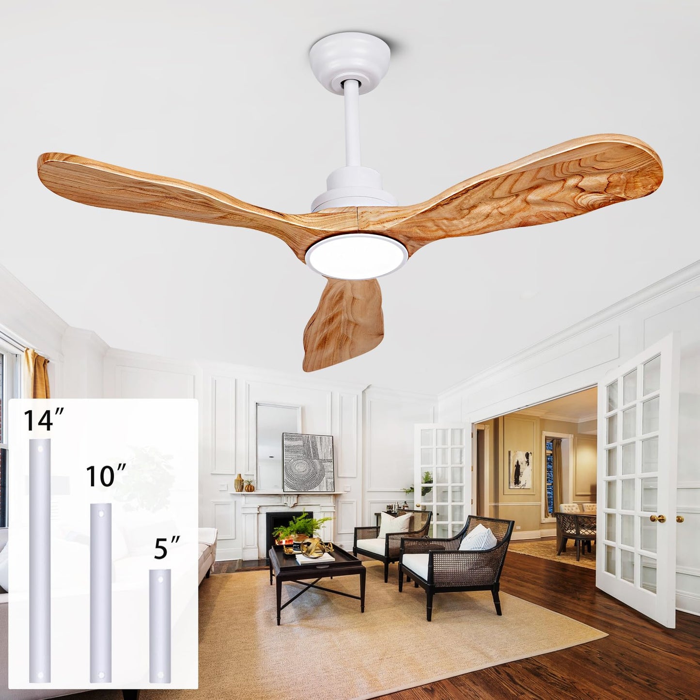 Ceiling Fans with Lights and Remote,60 Inch Unique Wood Ceiling Fan with Noiseless Reversible DC Motor,3 Blades,3 Downrods, for Farmhouse,Patio Living Room, Bedroom, Office,Indoor Outdoor(White+Wood)