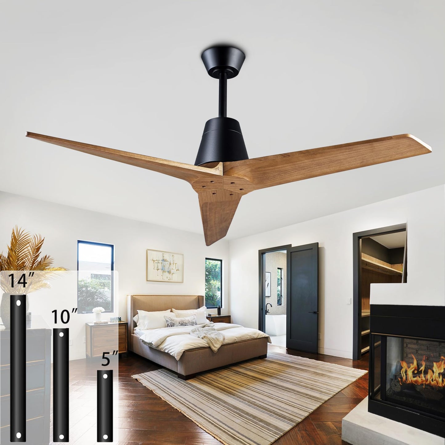 Ceiling Fans with Lights and Remote,60 Inch Unique Wood Ceiling Fan with Noiseless Reversible DC Motor,3 Blades,3 Downrods, for Farmhouse,Patio Living Room, Bedroom, Office,Indoor Outdoor(White+Wood)