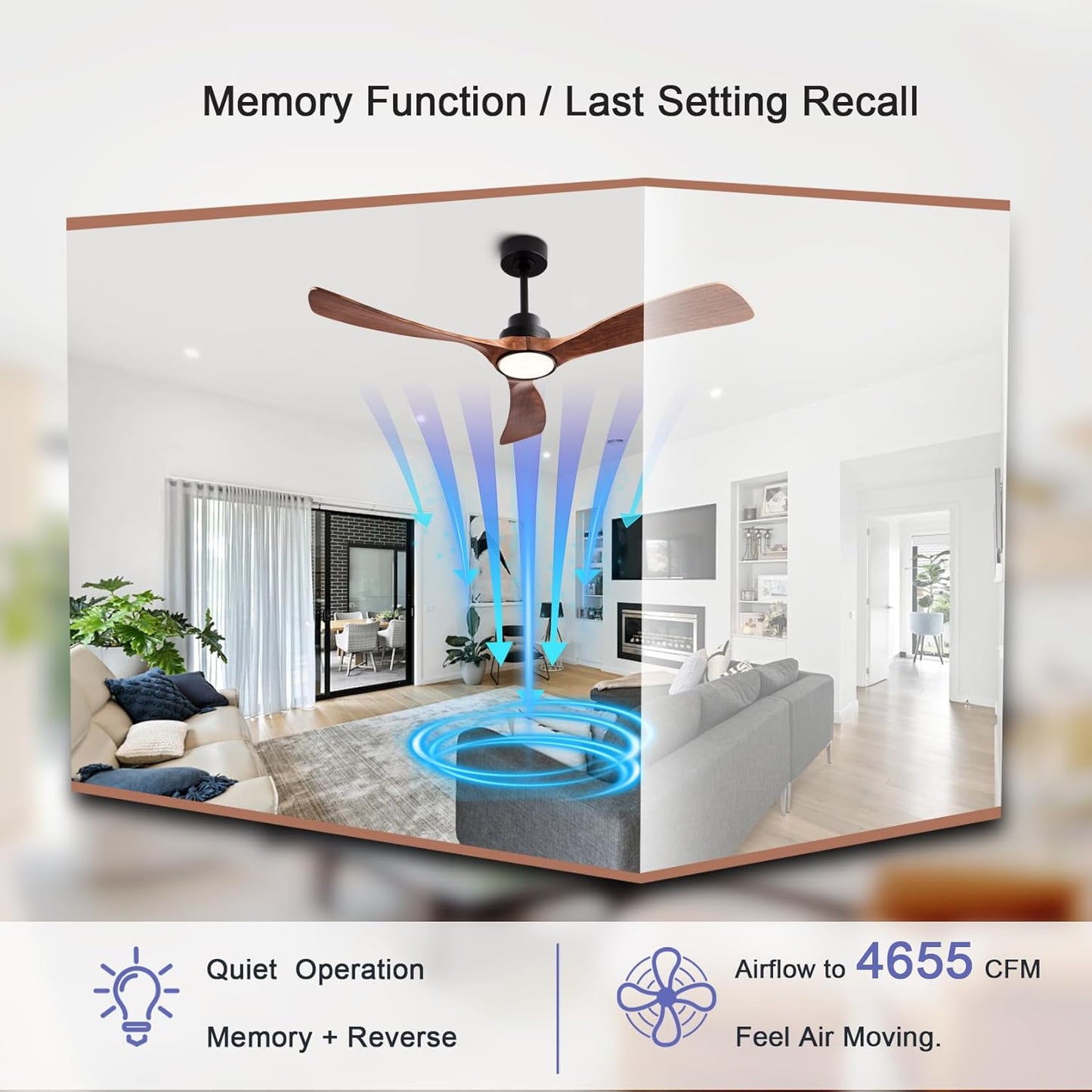 52 Inch Wood Ceiling Fans with Lights and Remote Control Indoor Memory Dimmable Light 3 Blades Noiseless Reversible ETL Motor Ceiling Fan for Bedroom Living Room Patios Farmhouse Black Walnut