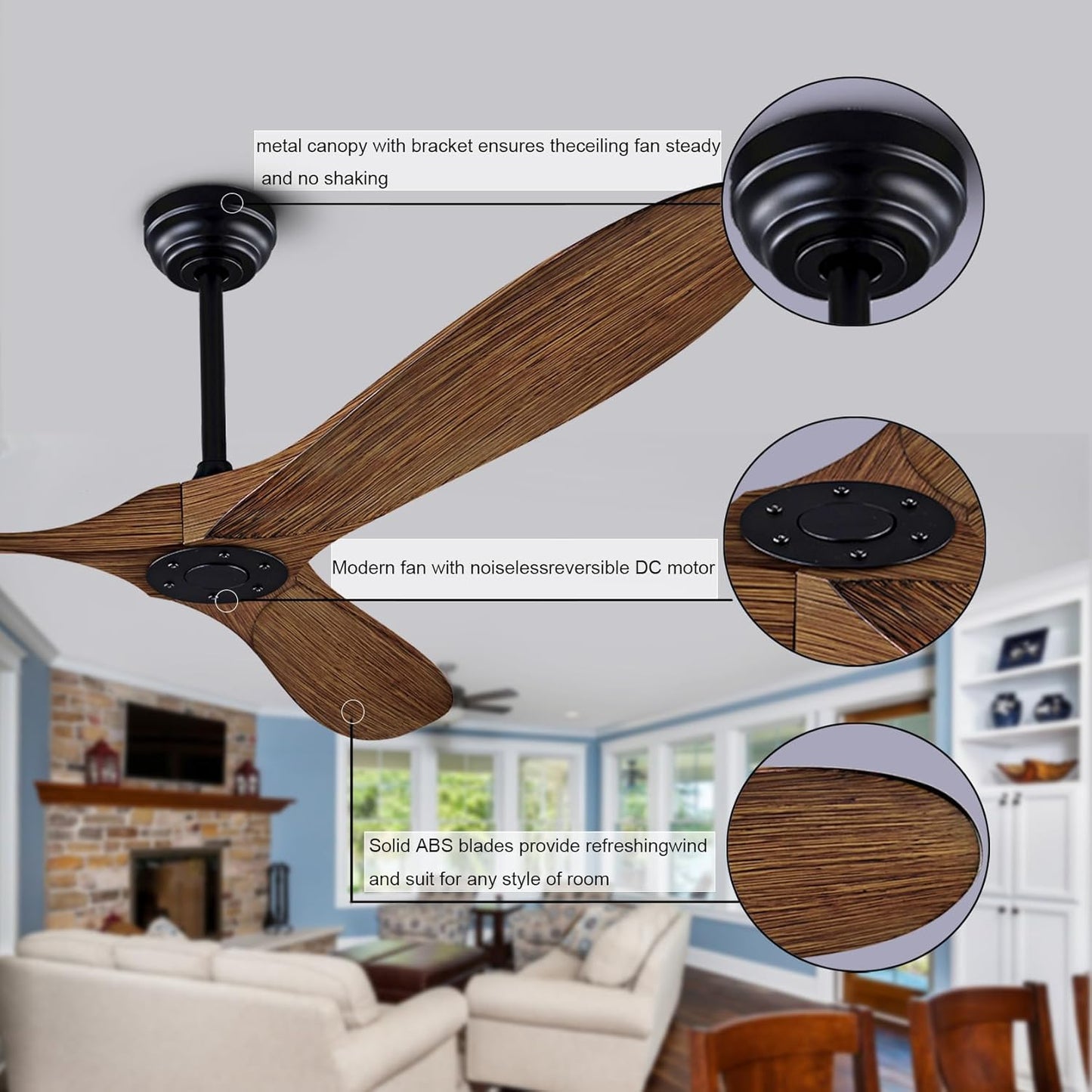 60" Ceiling Fan with Remote Control No Lights,Modern Reversible DC Motor Indoor Outdoor 3 Blades Ceiling Fans for Patio Bedroom Living Room(Black+Dark Walnut)