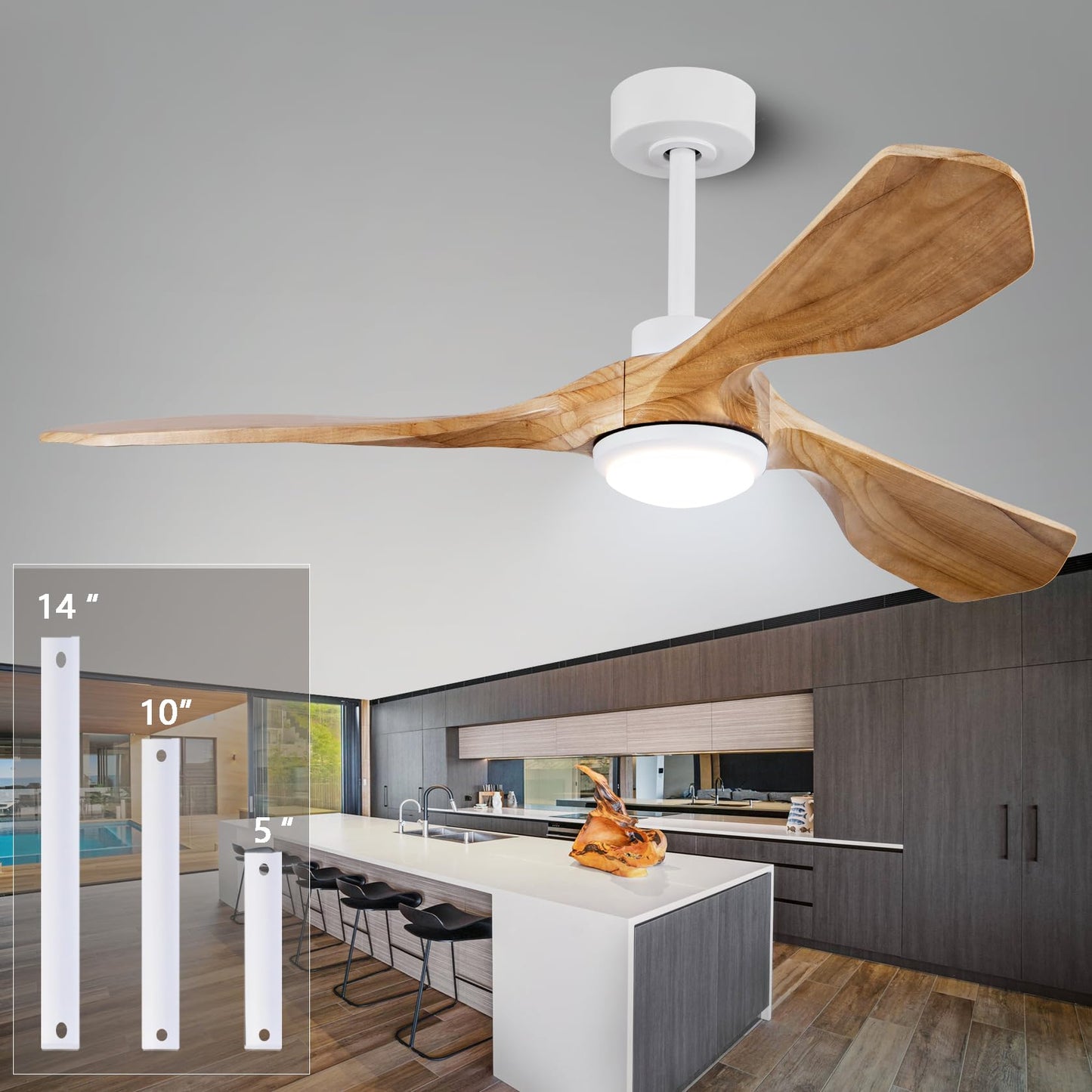Ceiling Fans with Lights and Remote,60 Inch Unique Wood Ceiling Fan with Noiseless Reversible DC Motor,3 Blades,3 Downrods, for Farmhouse,Patio Living Room, Bedroom, Office,Indoor Outdoor(White+Wood)