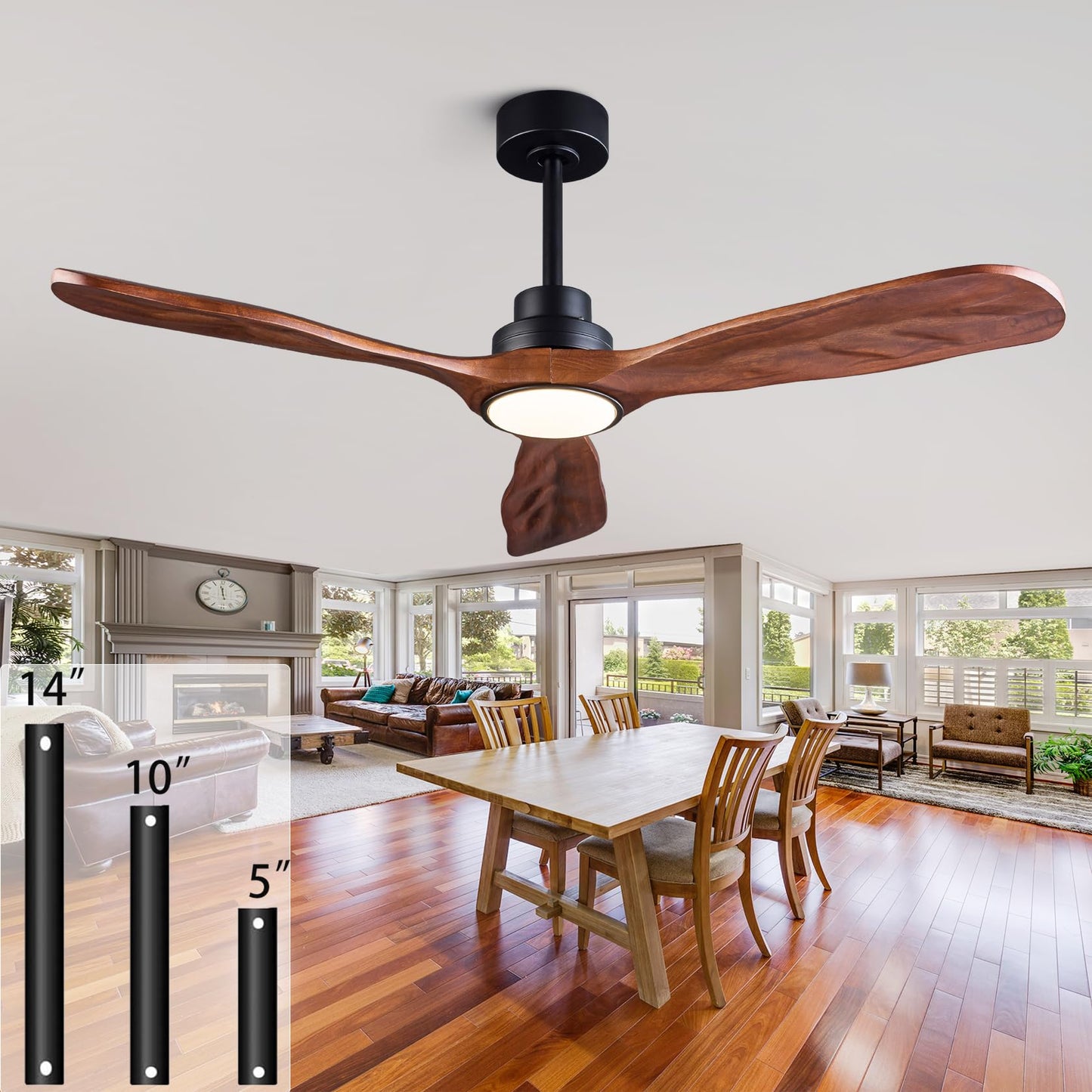 Ceiling Fans with Lights and Remote,60 Inch Unique Wood Ceiling Fan with Noiseless Reversible DC Motor,3 Blades,3 Downrods, for Farmhouse,Patio Living Room, Bedroom, Office,Indoor Outdoor(White+Wood)
