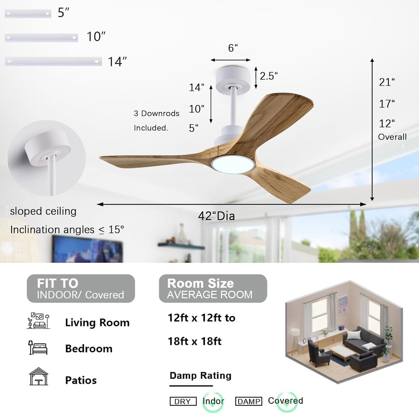 Ceiling Fan with Lights, 42'' Wood Ceiling Fan with Remote Control, Automatic Memory and Dimmable 3 Color Light / 6-Speed/Timing/Reversible. Bedroom ceilig Fan,Qiuet DC Motor,Black+Dark Wood