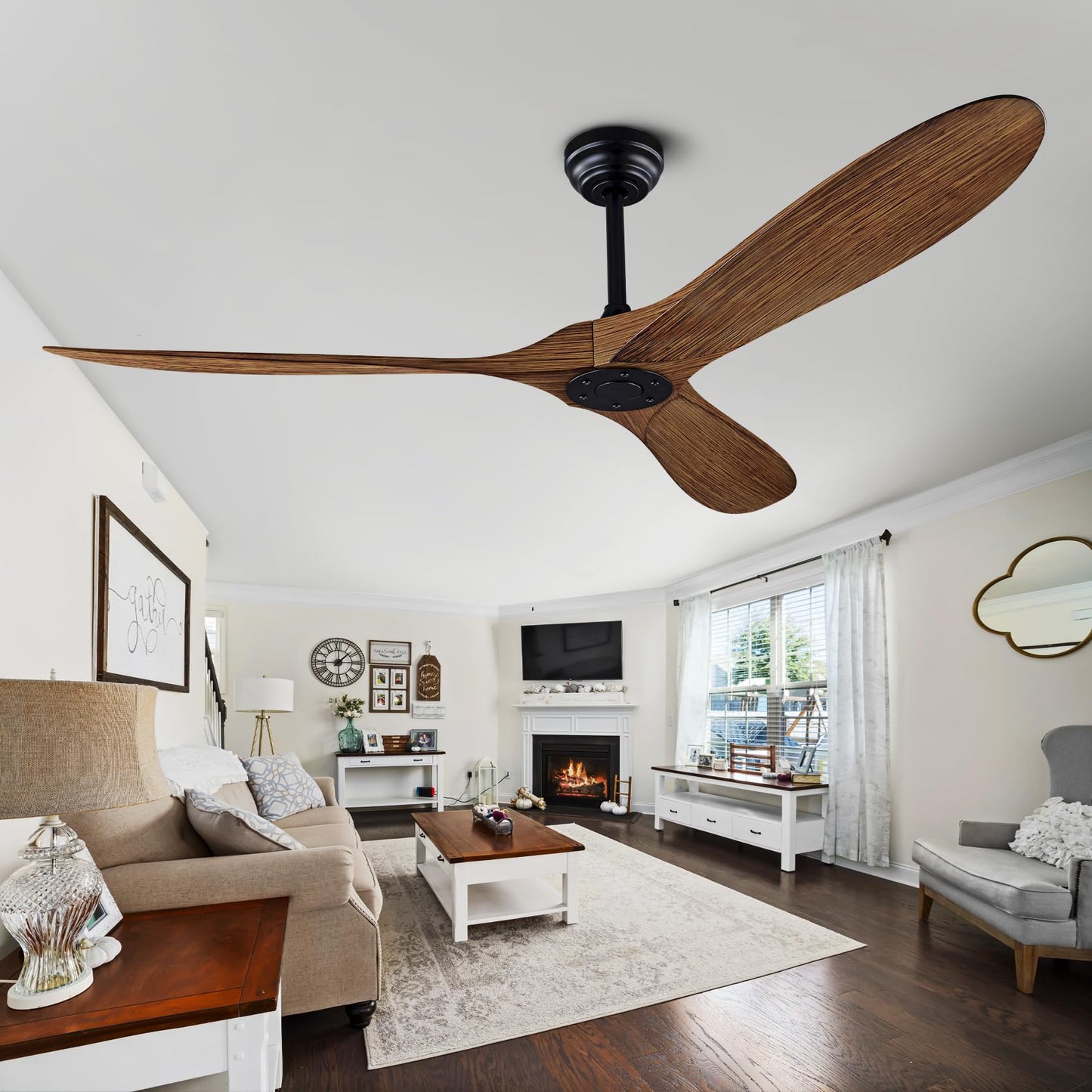 60" Ceiling Fan with Remote Control No Lights,Modern Reversible DC Motor Indoor Outdoor 3 Blades Ceiling Fans for Patio Bedroom Living Room(Black+Dark Walnut)