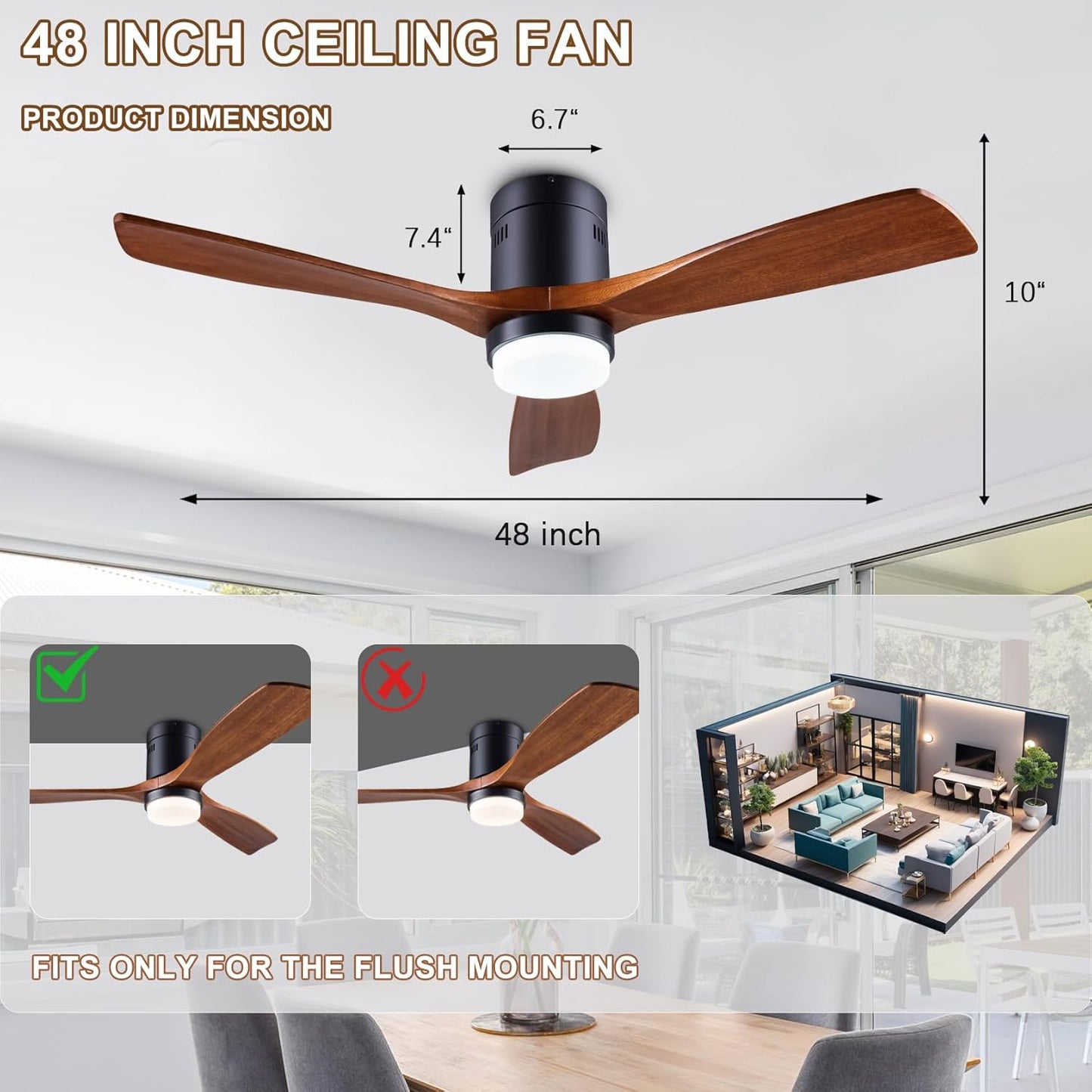 48" Recessed Ceiling Fan with Lights and Remote Control, Indoor Outdoor Wooden Ceiling Fan with 3 Wooden Blades for Patio, Living Room, Bedroom, Hallway