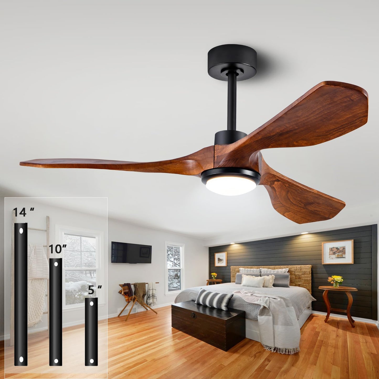 Ceiling Fans with Lights and Remote,60 Inch Unique Wood Ceiling Fan with Noiseless Reversible DC Motor,3 Blades,3 Downrods, for Farmhouse,Patio Living Room, Bedroom, Office,Indoor Outdoor(White+Wood)