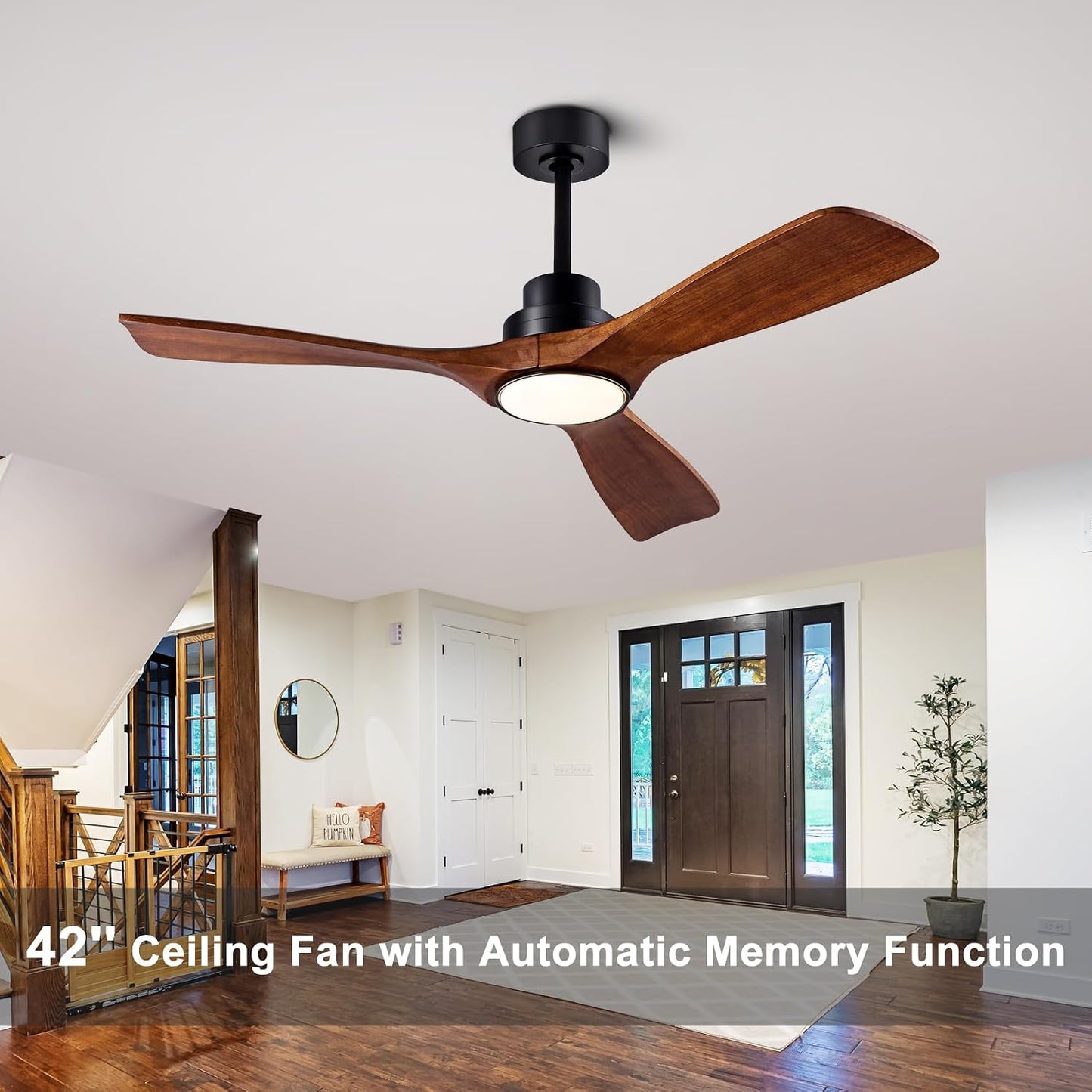Ceiling Fans with Lights 42'' Wood Ceiling Fan with Remote Control for Auto-Memory Settings Modern Ceiling Fan for Indoor Bedroom Living Room Dimmable Qiuet DC Motor Black+Dark Walnut