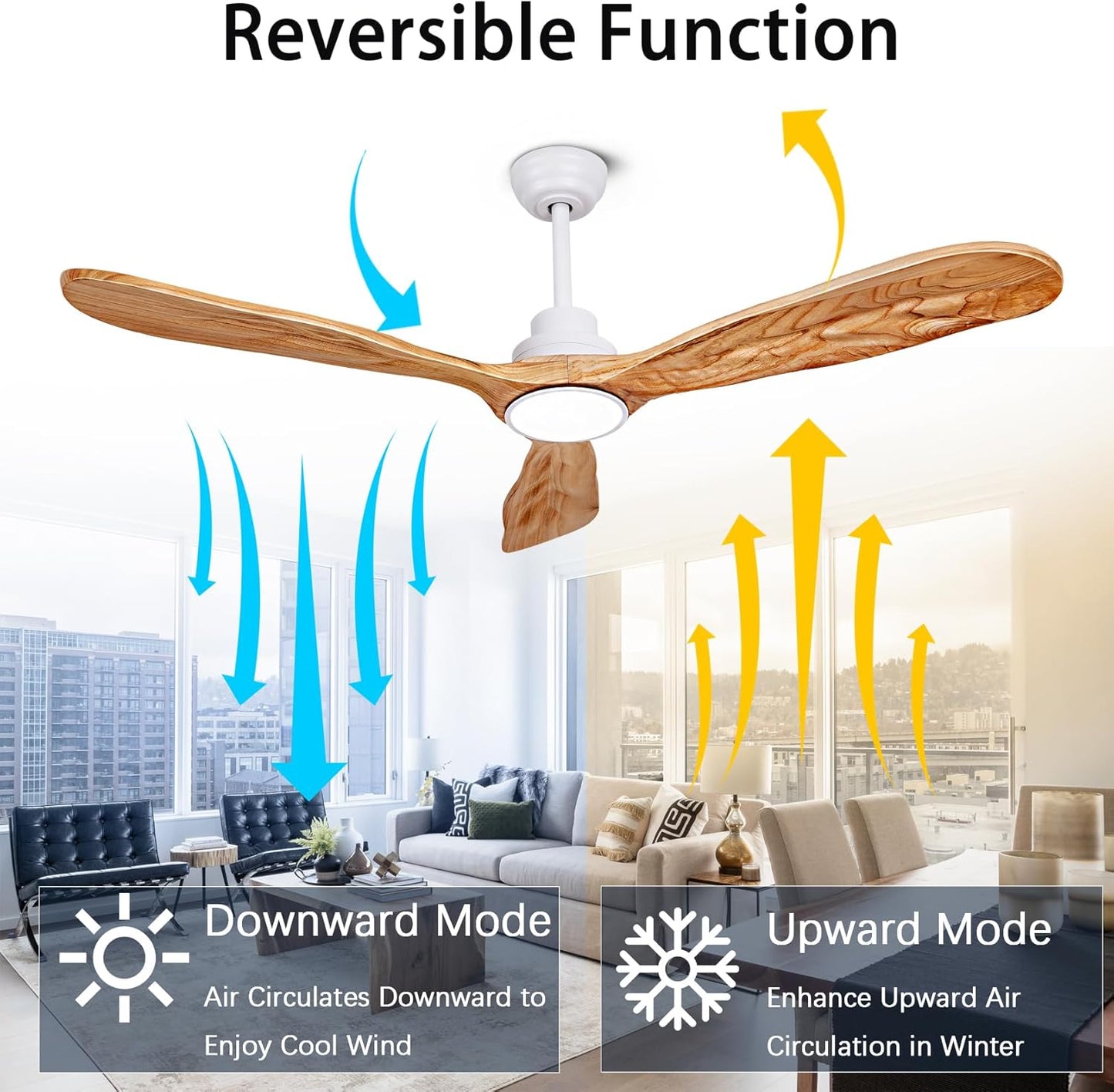 Ceiling Fans with Lights and Remote,60 Inch Unique Wood Ceiling Fan with Noiseless Reversible DC Motor,3 Blades,3 Downrods, for Farmhouse,Patio Living Room, Bedroom, Office,Indoor Outdoor(White+Wood)