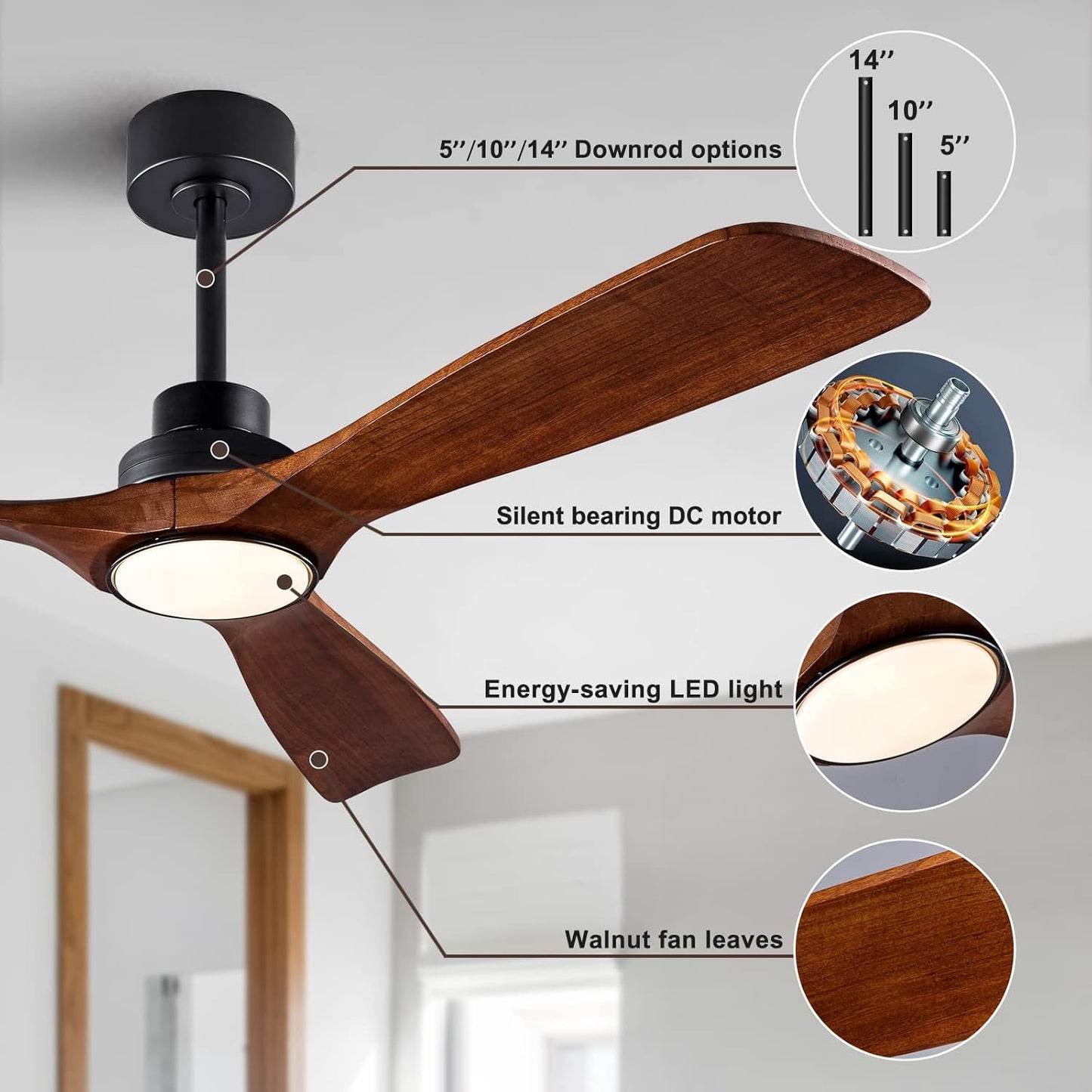 52" Wood Ceiling Fan with Lights Remote Control