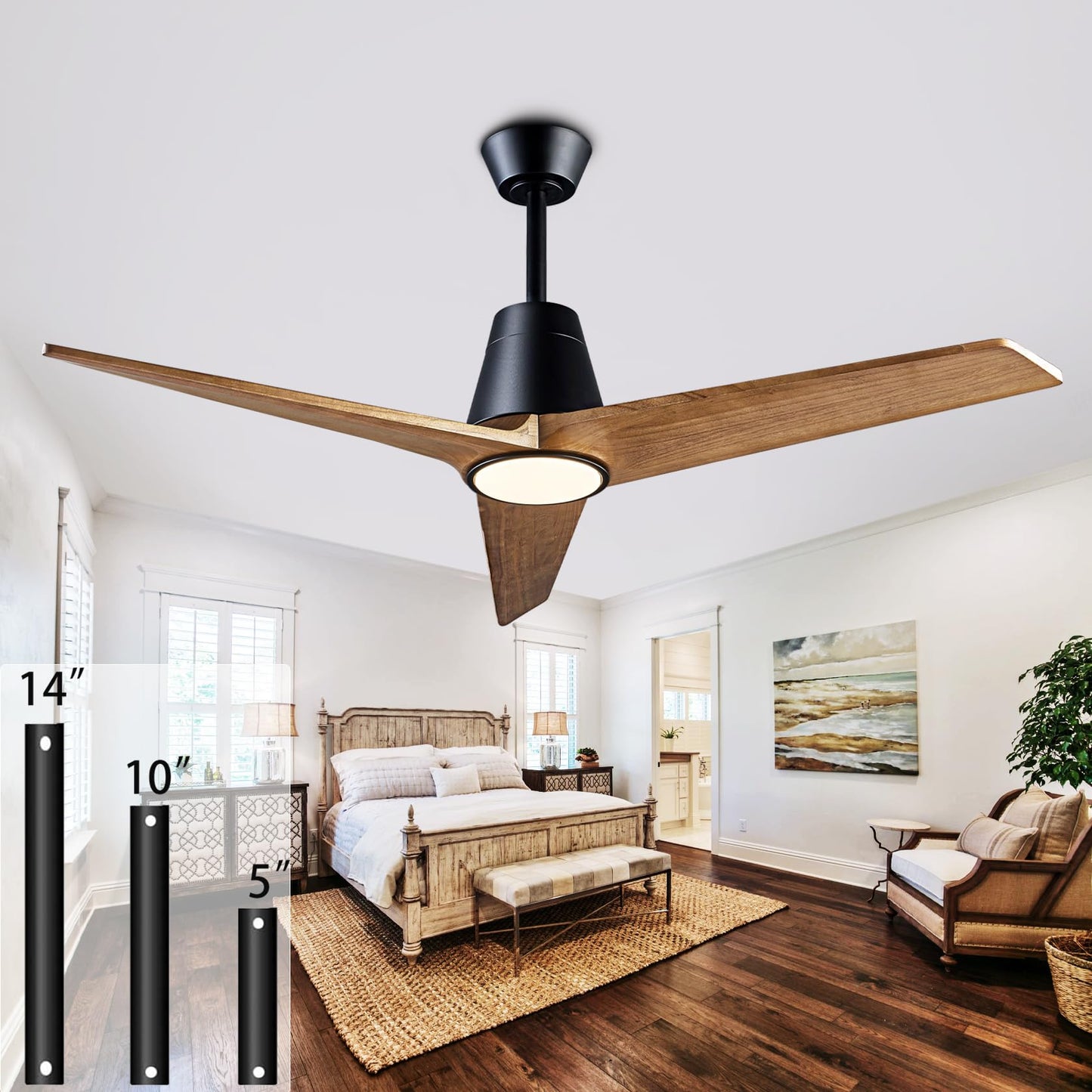 Ceiling Fans with Lights and Remote,60 Inch Unique Wood Ceiling Fan with Noiseless Reversible DC Motor,3 Blades,3 Downrods, for Farmhouse,Patio Living Room, Bedroom, Office,Indoor Outdoor(White+Wood)