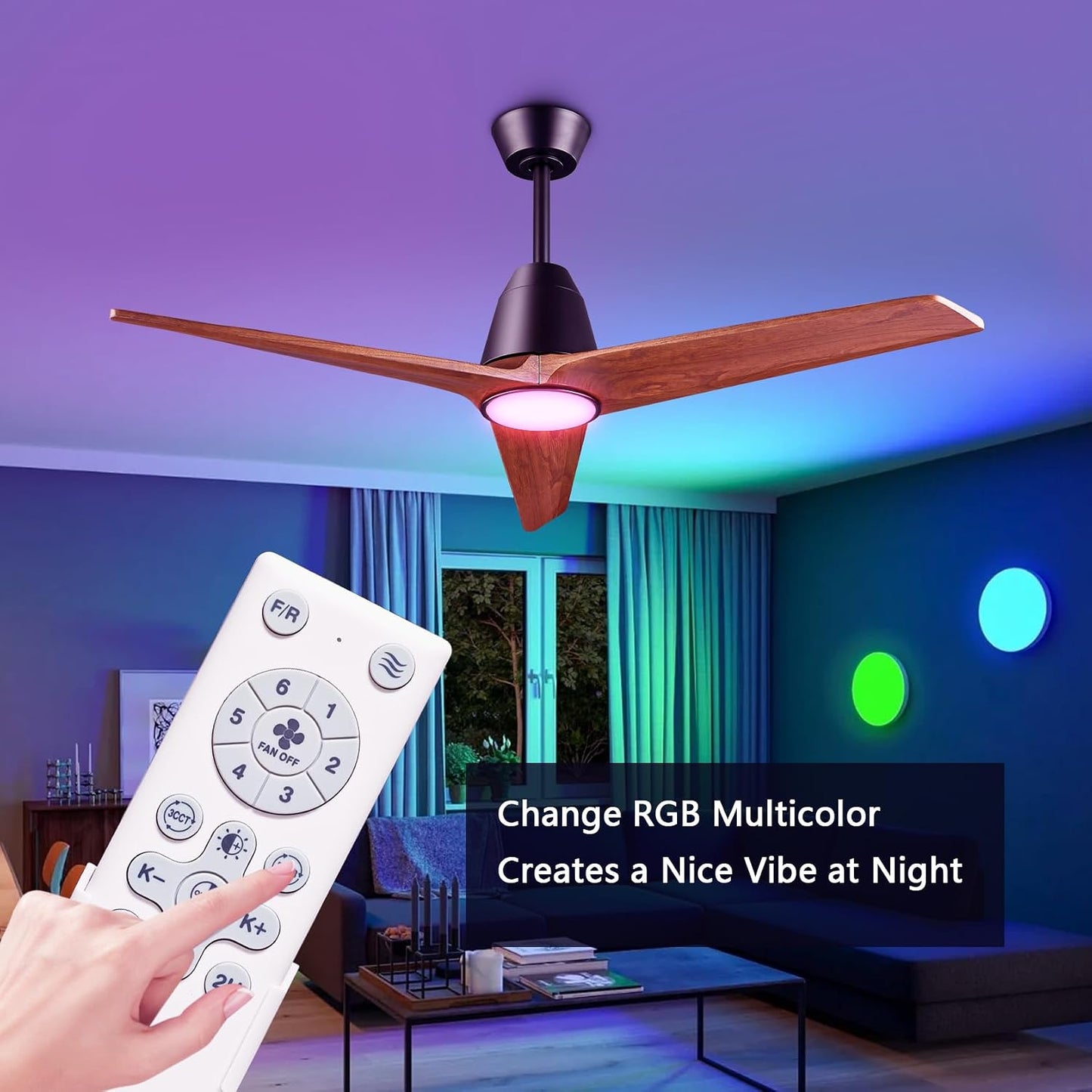 Wood Ceiling Fans with Lights and Remote, Memory Function, Dimmable 2-in-1 Light LED&RGB, 6 Speeds Quiet DC Motor, 52 inch Bedroom Ceiling Fans, Dark Walnut