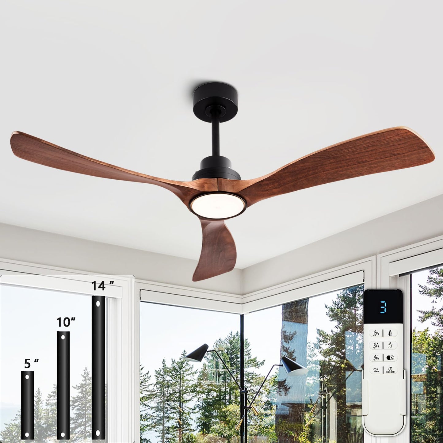 60" Dimmable Ceiling Fans with Lights Remote Control(FCC) Quiet Operation DC Motor Modern Wood Blade Ceiling Fan for Living Room Bedroom Farmhouse Patio Indoor and Outdoor Dark Walnut