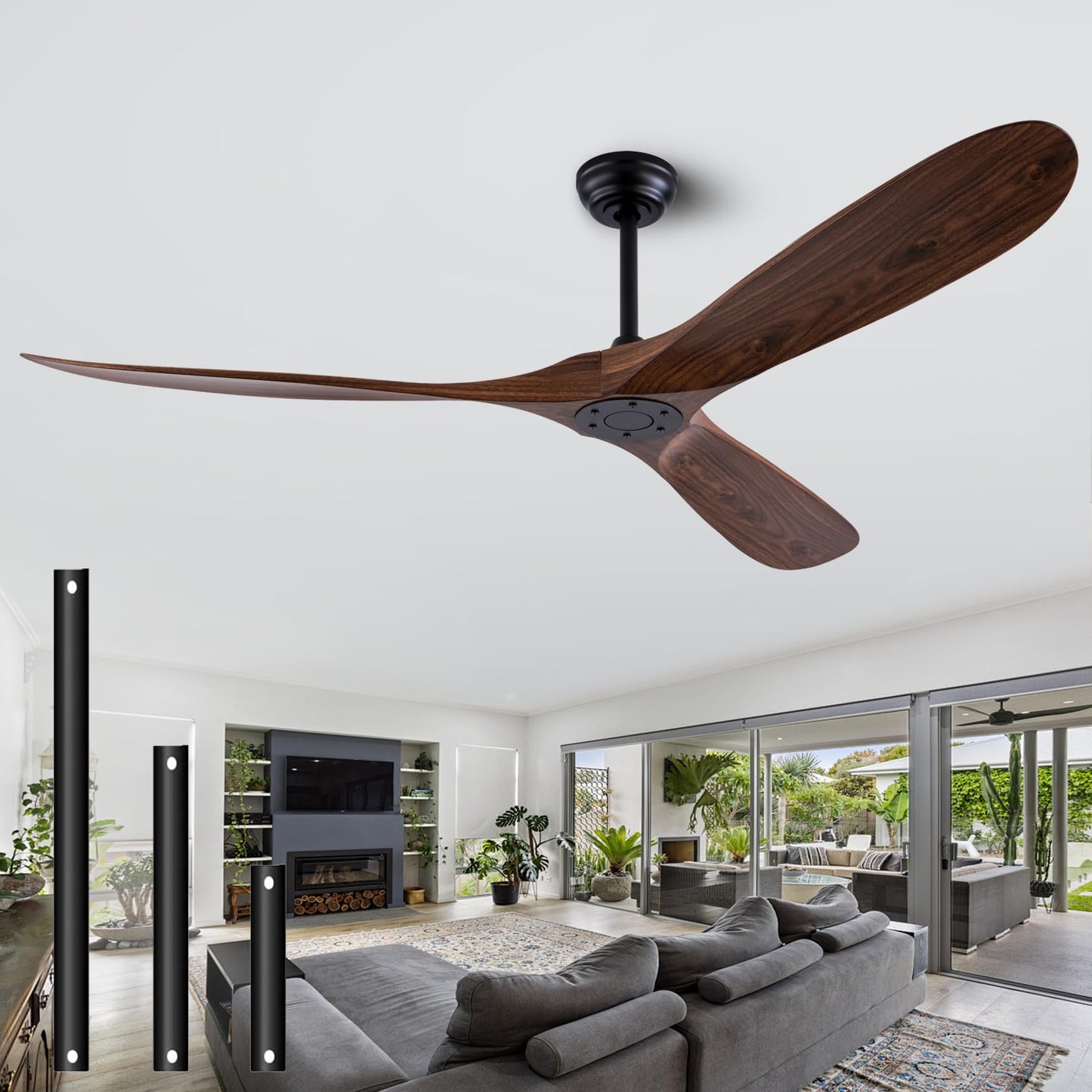 60" Ceiling Fan with Remote Control No Lights,Modern Reversible DC Motor Indoor Outdoor 3 Blades Ceiling Fans for Patio Bedroom Living Room(Black+Dark Walnut)
