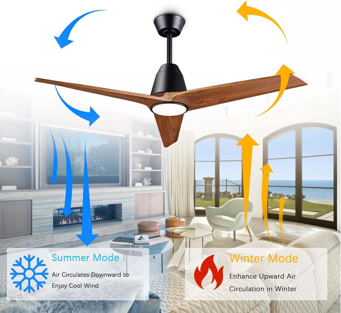 Wood Ceiling Fans with Lights and Remote, Memory Function, Dimmable 2-in-1 Light LED&RGB, 6 Speeds Quiet DC Motor, 52 inch Bedroom Ceiling Fans, Dark Walnut