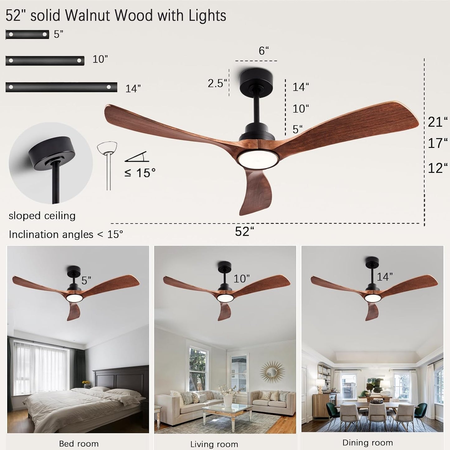 52 Inch Wood Ceiling Fans with Lights and Remote Control Indoor Memory Dimmable Light 3 Blades Noiseless Reversible ETL Motor Ceiling Fan for Bedroom Living Room Patios Farmhouse Black Walnut