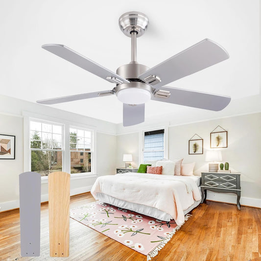 42" Ceiling Fans with Light and Remote,Farmhouse 5 Blades Quiet Reversible DC Motor Ceiling Fan for Modern Indoor/Outdoor/Patio/Living Room/Bedroom(Silver/burlywood)