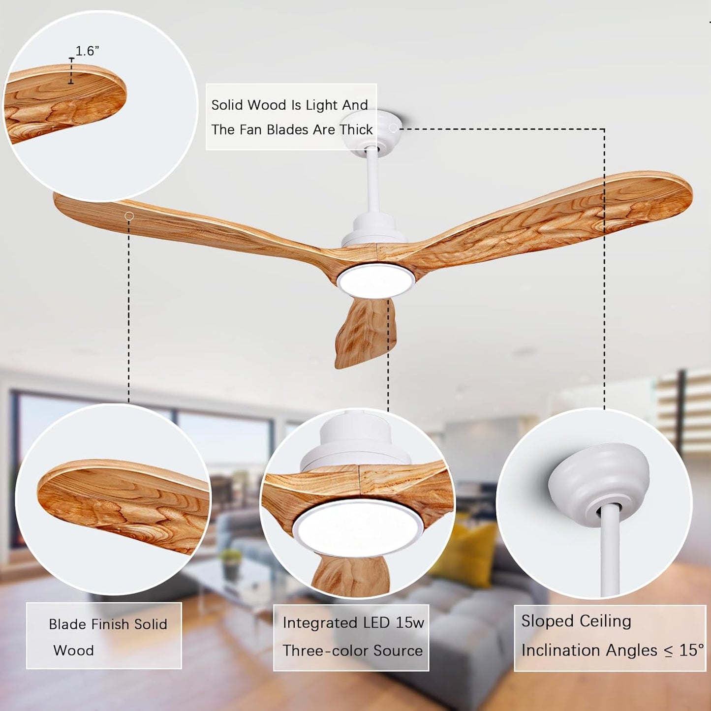 Ceiling Fans with Lights and Remote,60 Inch Unique Wood Ceiling Fan with Noiseless Reversible DC Motor,3 Blades,3 Downrods, for Farmhouse,Patio Living Room, Bedroom, Office,Indoor Outdoor(White+Wood)