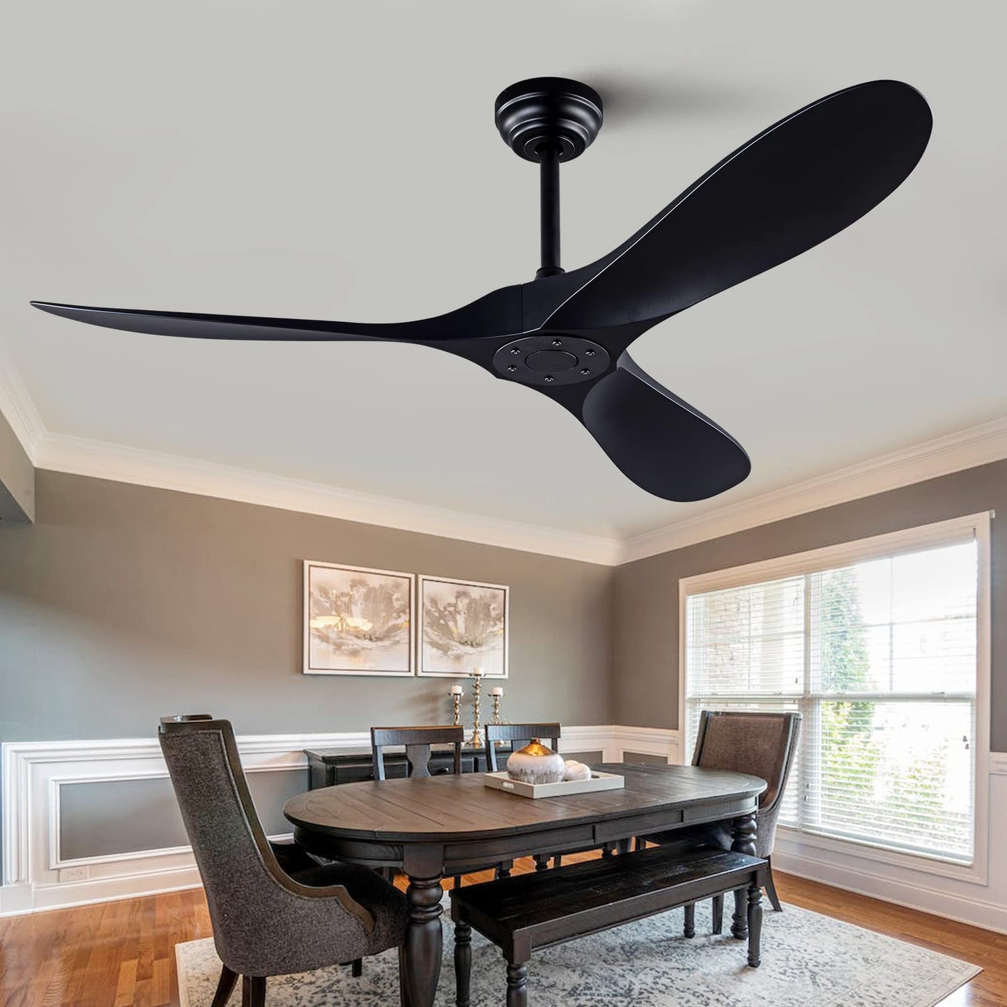 60" Ceiling Fan with Remote Control No Lights,Modern Reversible DC Motor Indoor Outdoor 3 Blades Ceiling Fans for Patio Bedroom Living Room(Black+Dark Walnut)