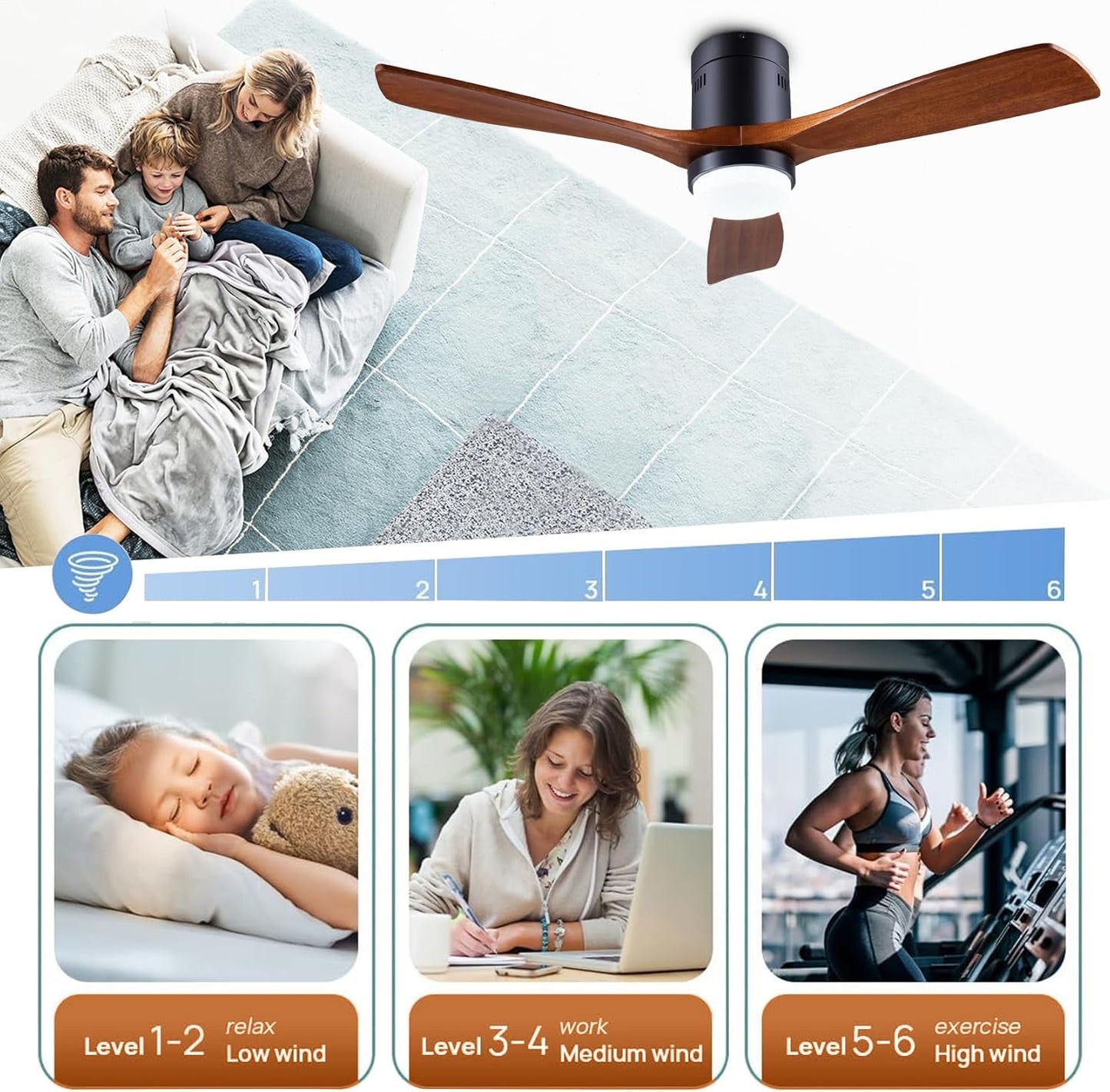 48" Recessed Ceiling Fan with Lights and Remote Control, Indoor Outdoor Wooden Ceiling Fan with 3 Wooden Blades for Patio, Living Room, Bedroom, Hallway