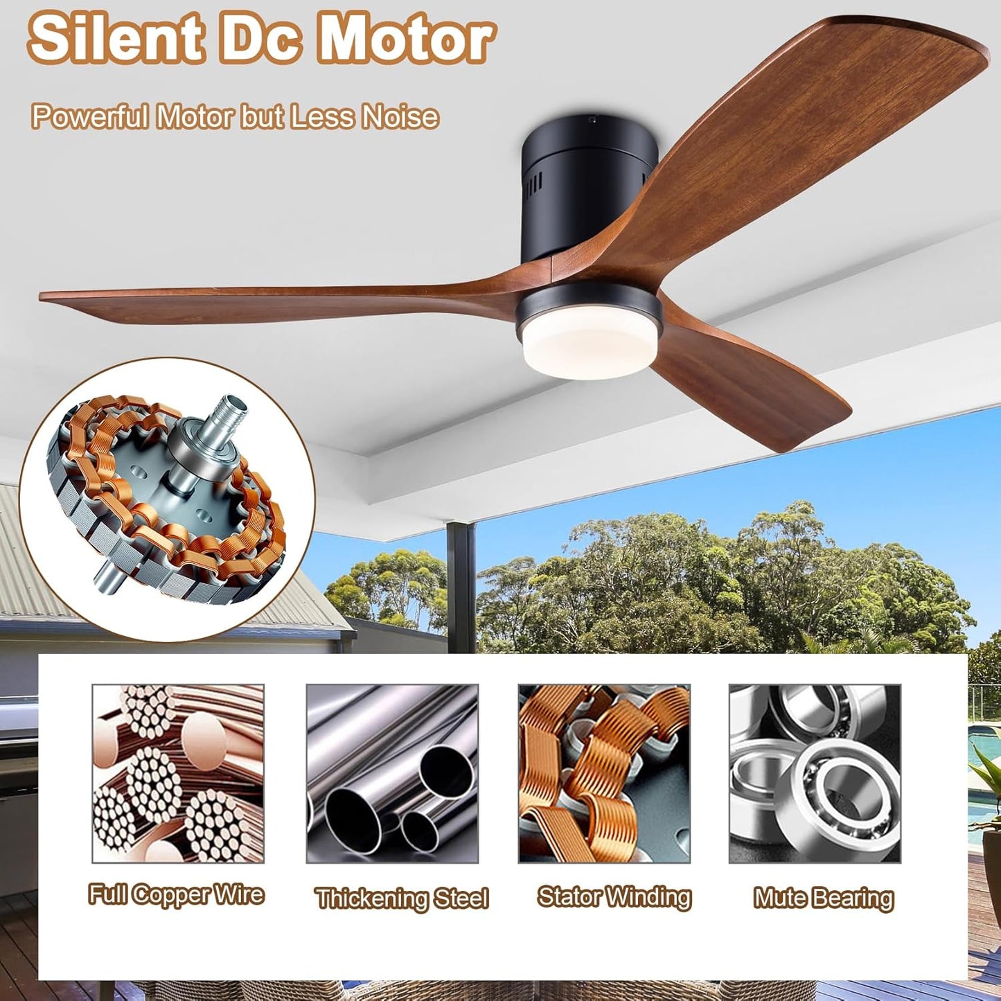 48" Recessed Ceiling Fan with Lights and Remote Control, Indoor Outdoor Wooden Ceiling Fan with 3 Wooden Blades for Patio, Living Room, Bedroom, Hallway