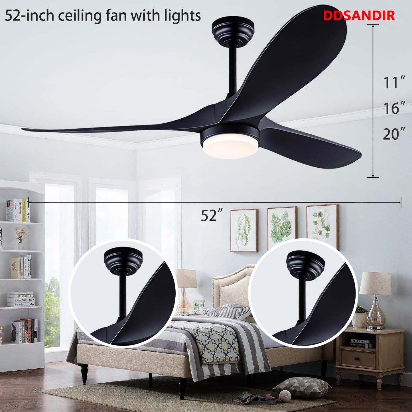 DDSANDIR Ceiling Fan with Lights Remote Control,Modern Reversible DC Motor Indoor Outdoor 3 Blades ABS Ceiling Fans for Patio Bedroom Living Room