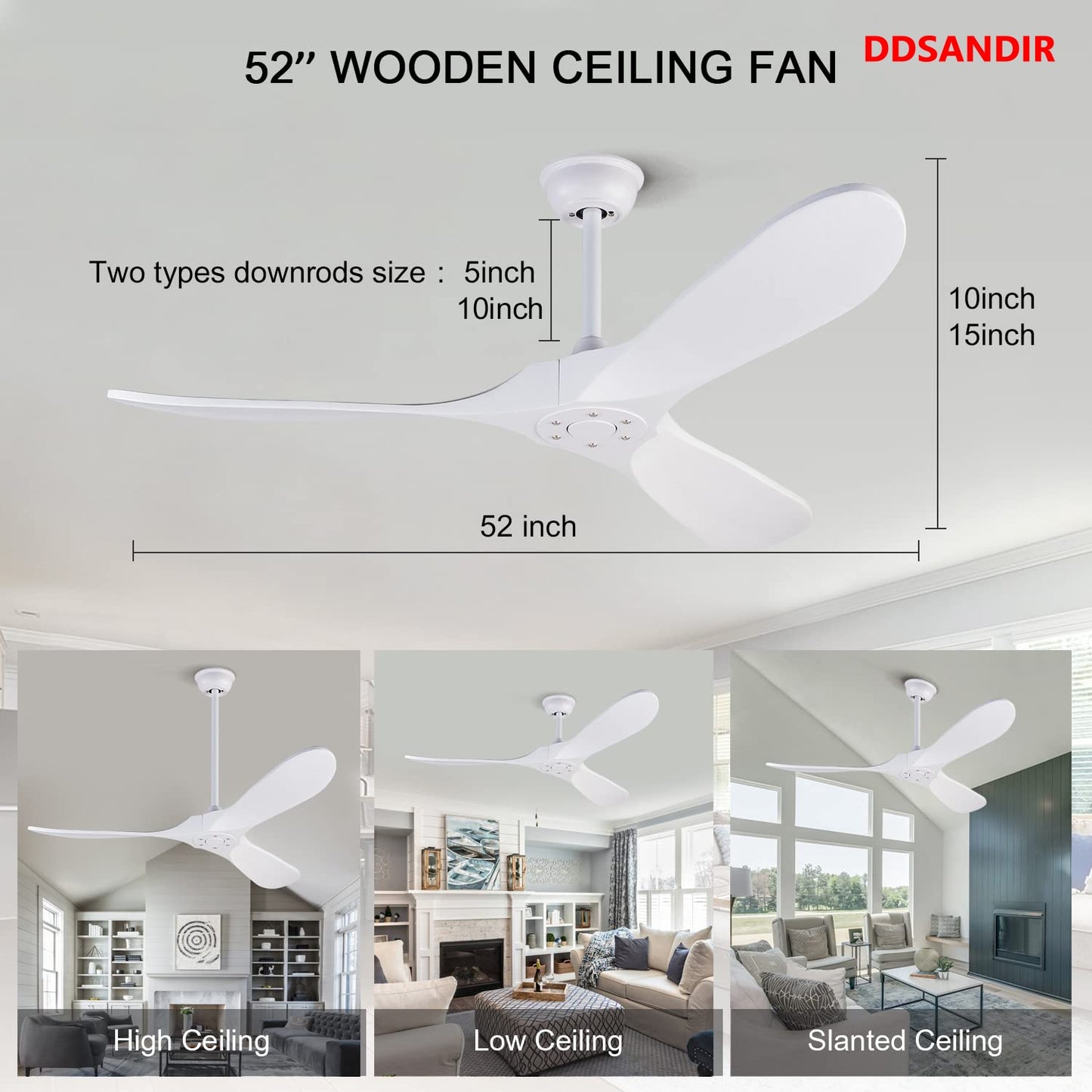 DDSANDIR Modern White Ceiling Fans no Light with Remote Control and Wall Control