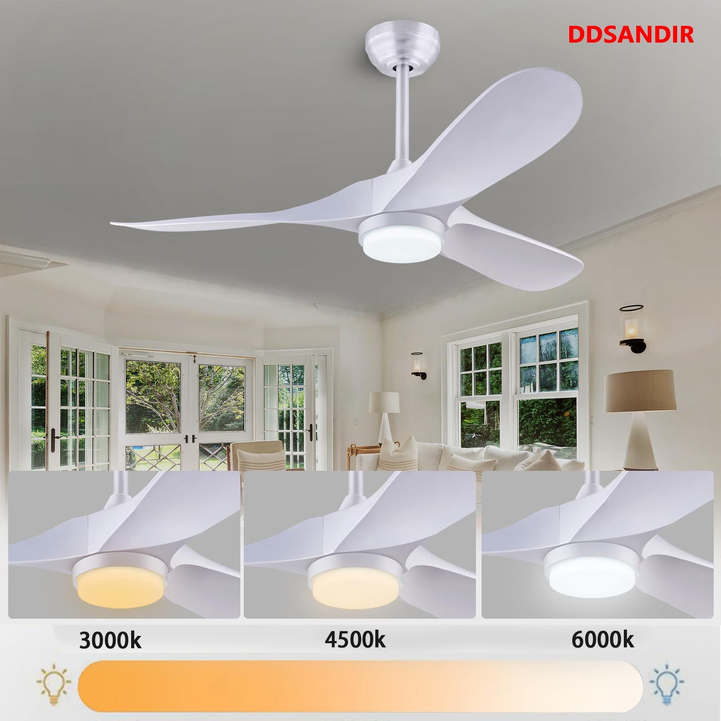 DDSANDIR 60in Ceiling Fan with Light Modern Reversible DC Motor Indoor/Outdoor 3-Blade Ceiling Fan for its Children's Room, Bedroom and Living Room