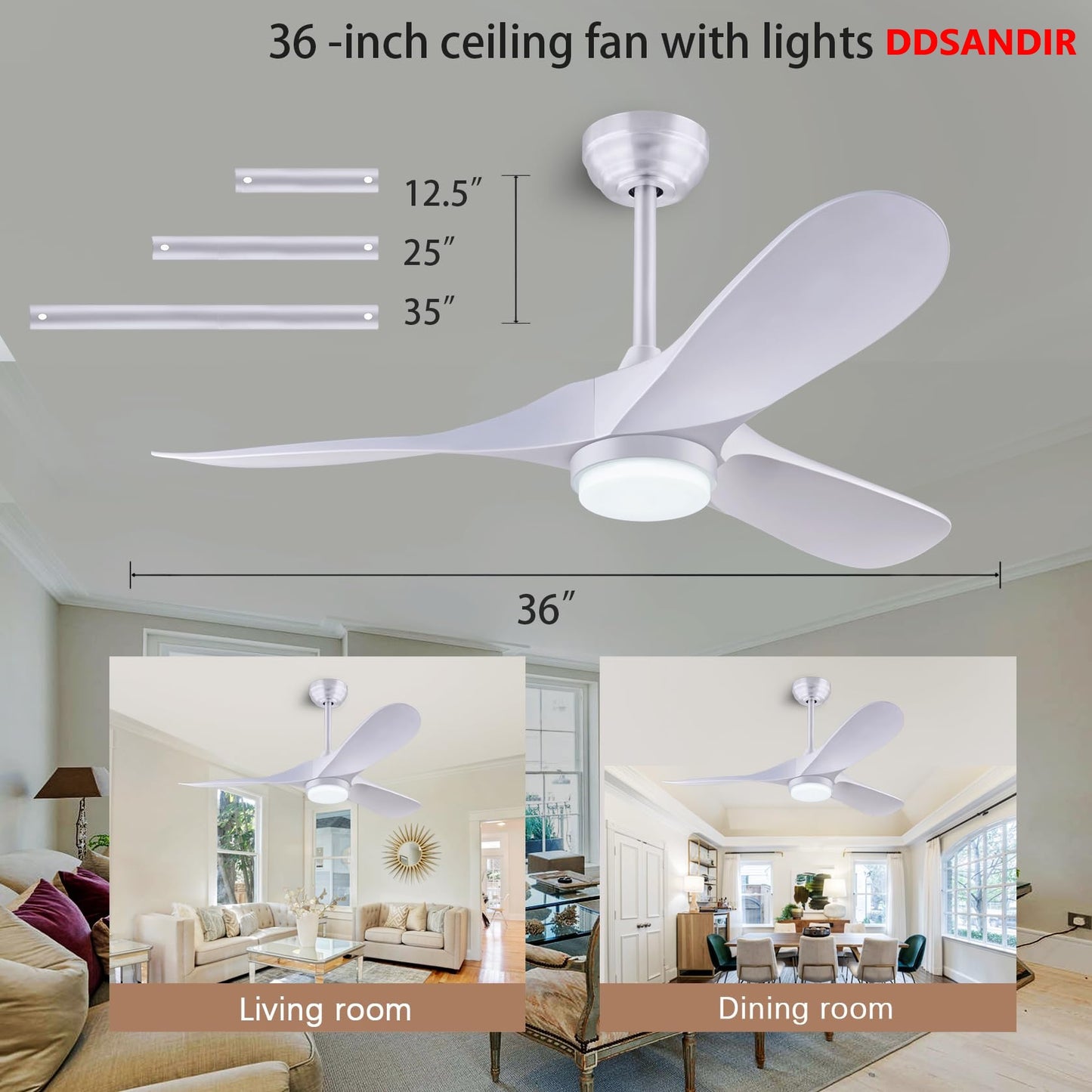 DDSANDIR 60in Ceiling Fan with Light Modern Reversible DC Motor Indoor/Outdoor 3-Blade Ceiling Fan for its Children's Room, Bedroom and Living Room